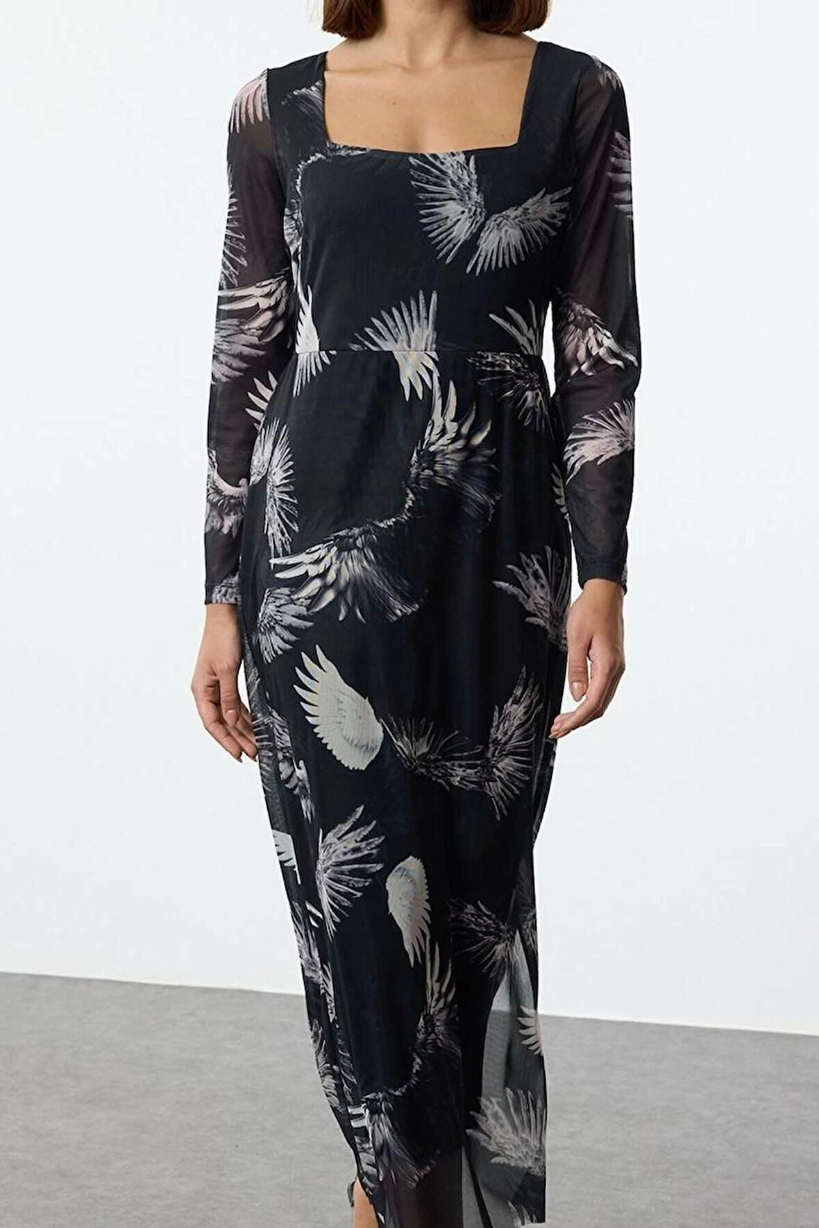 Kadın Moda Şık Midi Boy Kare Yaka Slim Tül Çiçekli Vücuda Oturan Esnek Örme Kalem Elbise