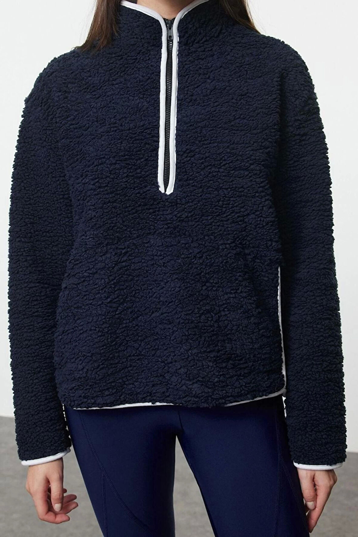 Kadın Moda Şık Regular Dik Yaka Düşük Kol Regular Peluş Örme Spor Sweatshirt