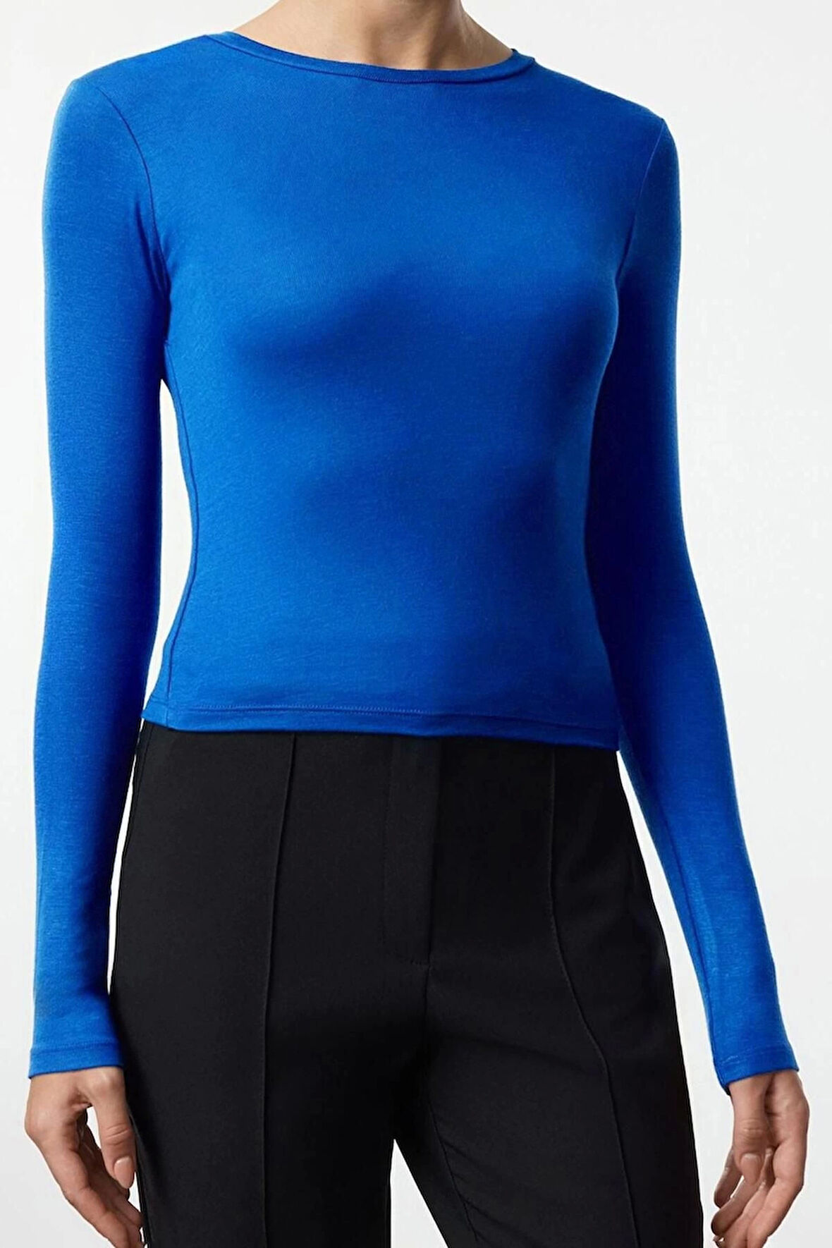 Kadın Moda Şık Üst Giyim Crop Bisiklet Yaka Slim Kalıp Örme Viskon Esnek Bluz