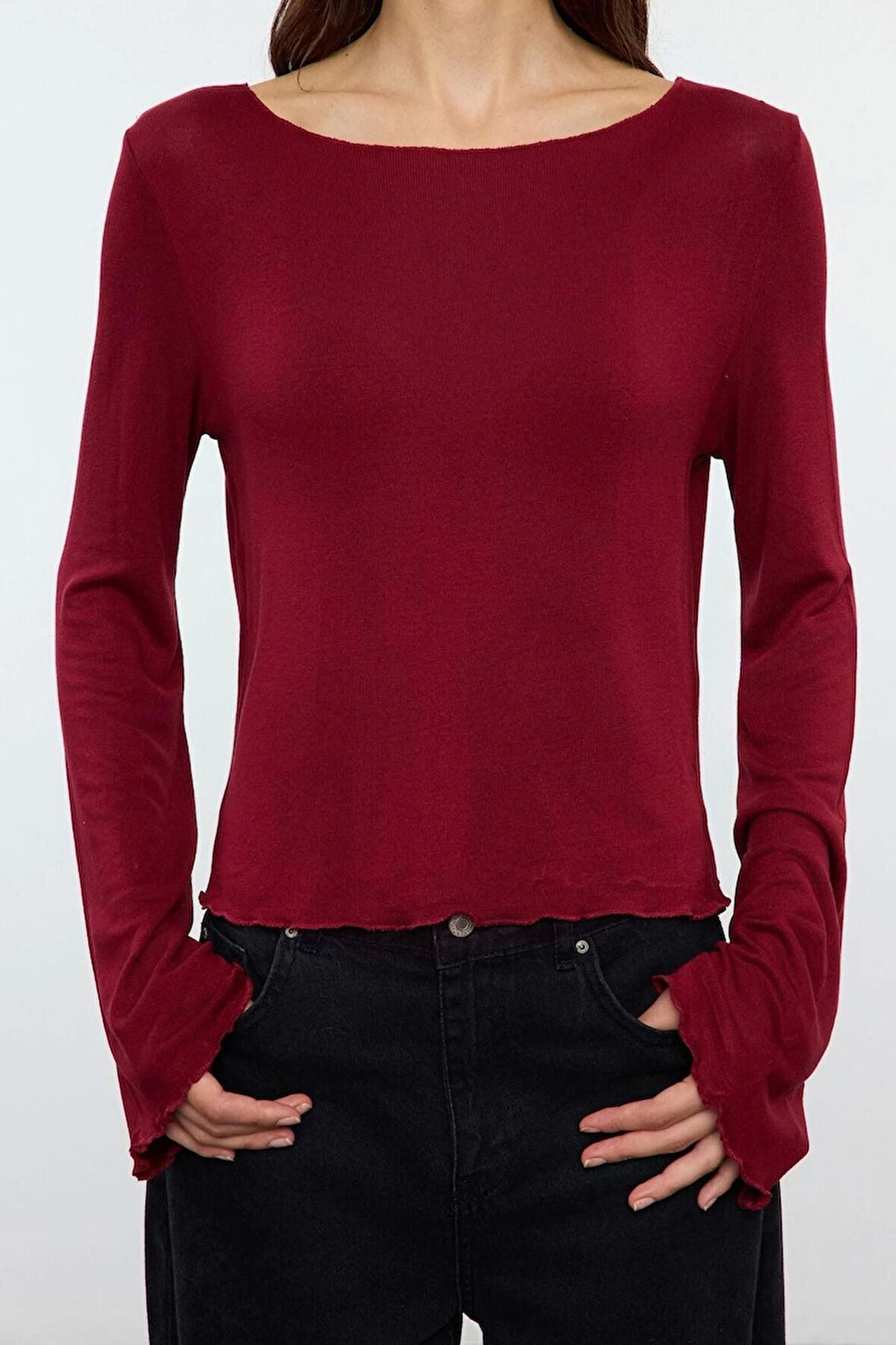 Kadın Moda Şık Üst Giyim Crop Bisiklet Yaka İspanyol Kol Regular Kalıp Örme Kayık Yaka Fit Bluz