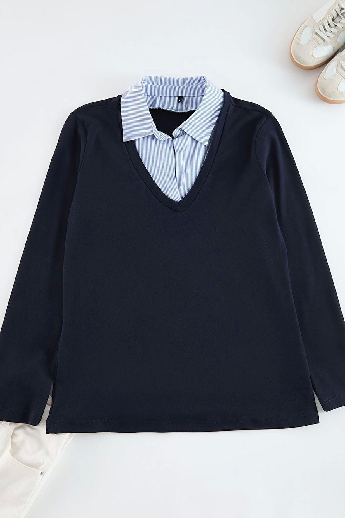 Kadın Moda Şık Büyük Beden Regular Gömlek Yaka Regular Kalıp Örme Süprem Bluz