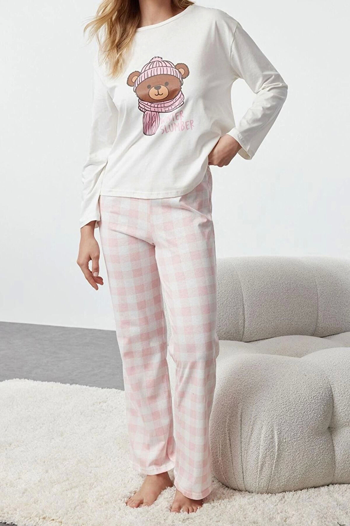 Kadın Moda Bisiklet Yaka Geniş Paça Uzun Kol %100 Pamuklu Ayıcık Baskılı Ekoseli Örme Pijama Takımı