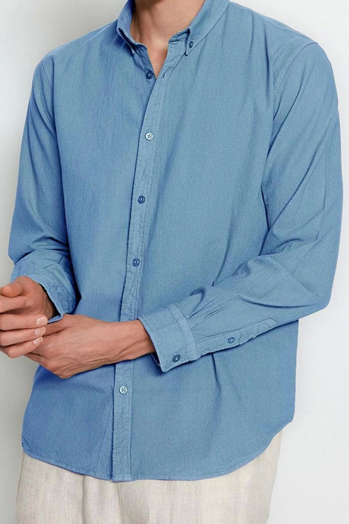 Moda Gömlek Yaka Düz Uzun Kol Unisex Regular Fit %100 Pamuk Keten Görünümlü Gömlek