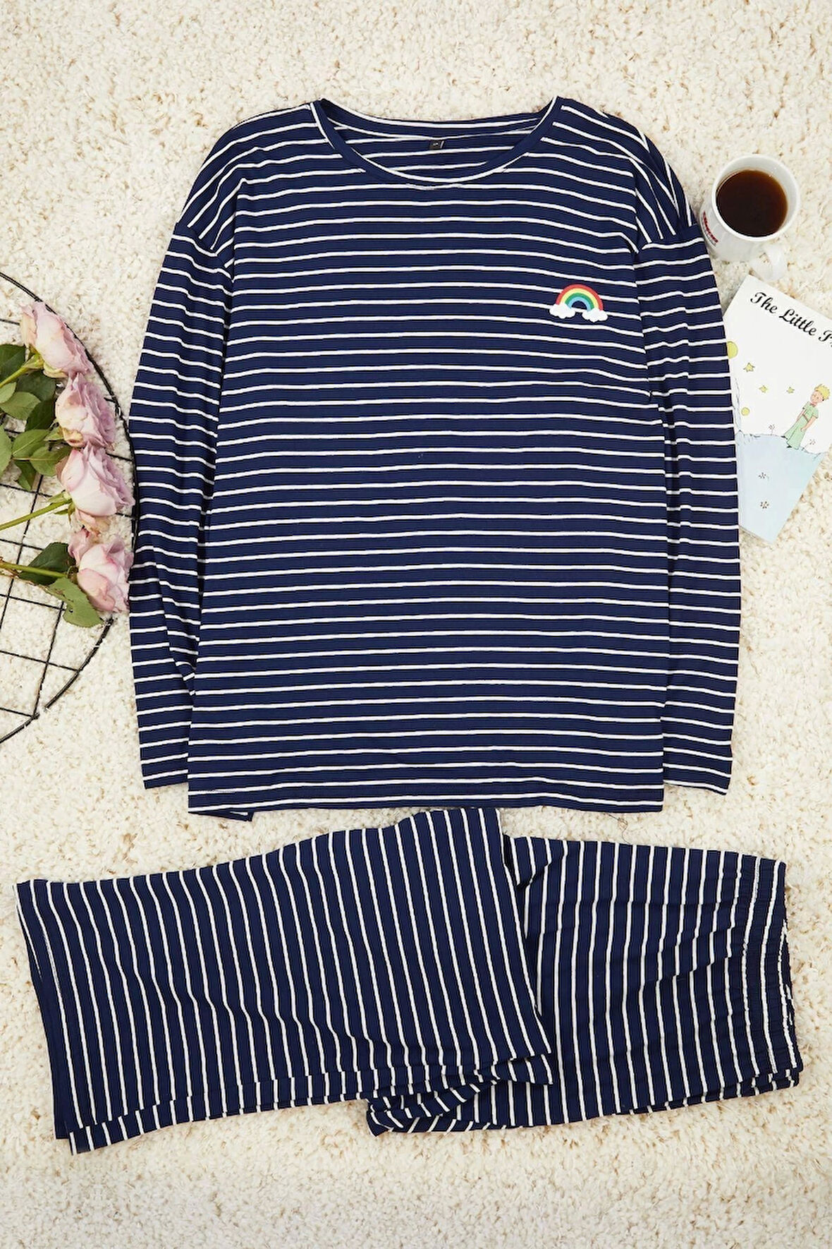 Kadın Moda Şık Büyük Beden Bisiklet Yaka Geniş Paça Uzun Kol Çizgili Örme Pijama Takımı