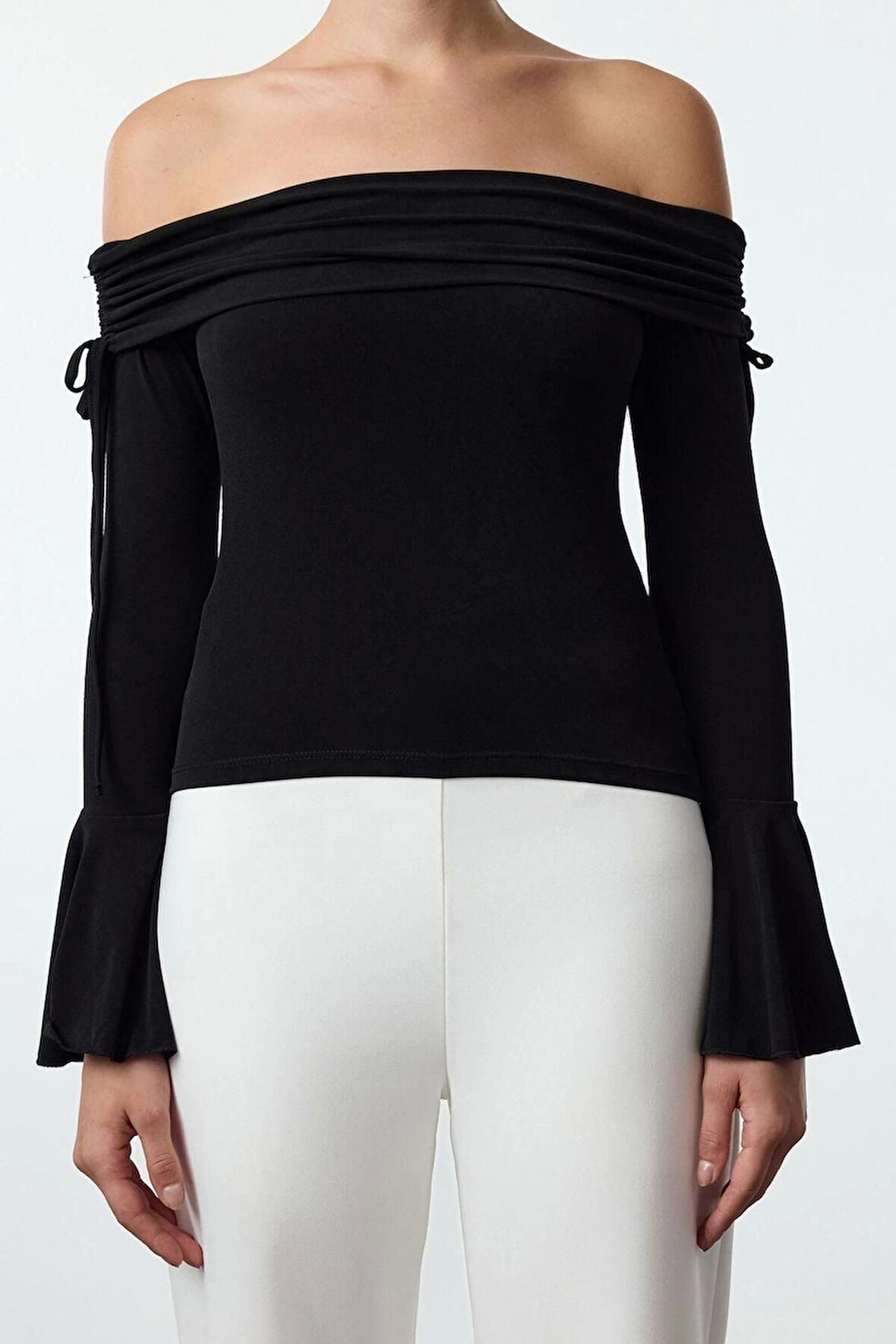 Kadın Moda Şık Regular Carmen Yaka İspanyol Kol Regular Kalıp Örme Bağlama Detaylı Şık Bluz