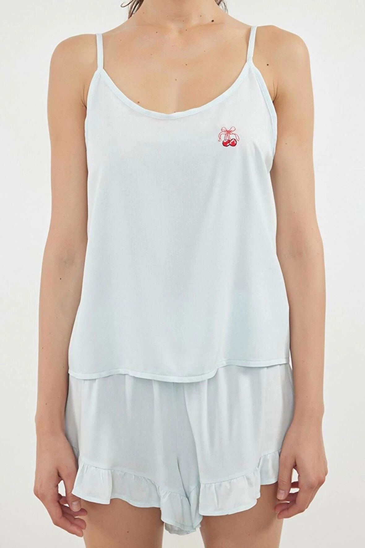 Kadın Moda Askılı Yaka Geniş Paça Askılı Kol Avokado Nakışlı Fırfırlı İp Viskon Dokuma Pijama Takımı