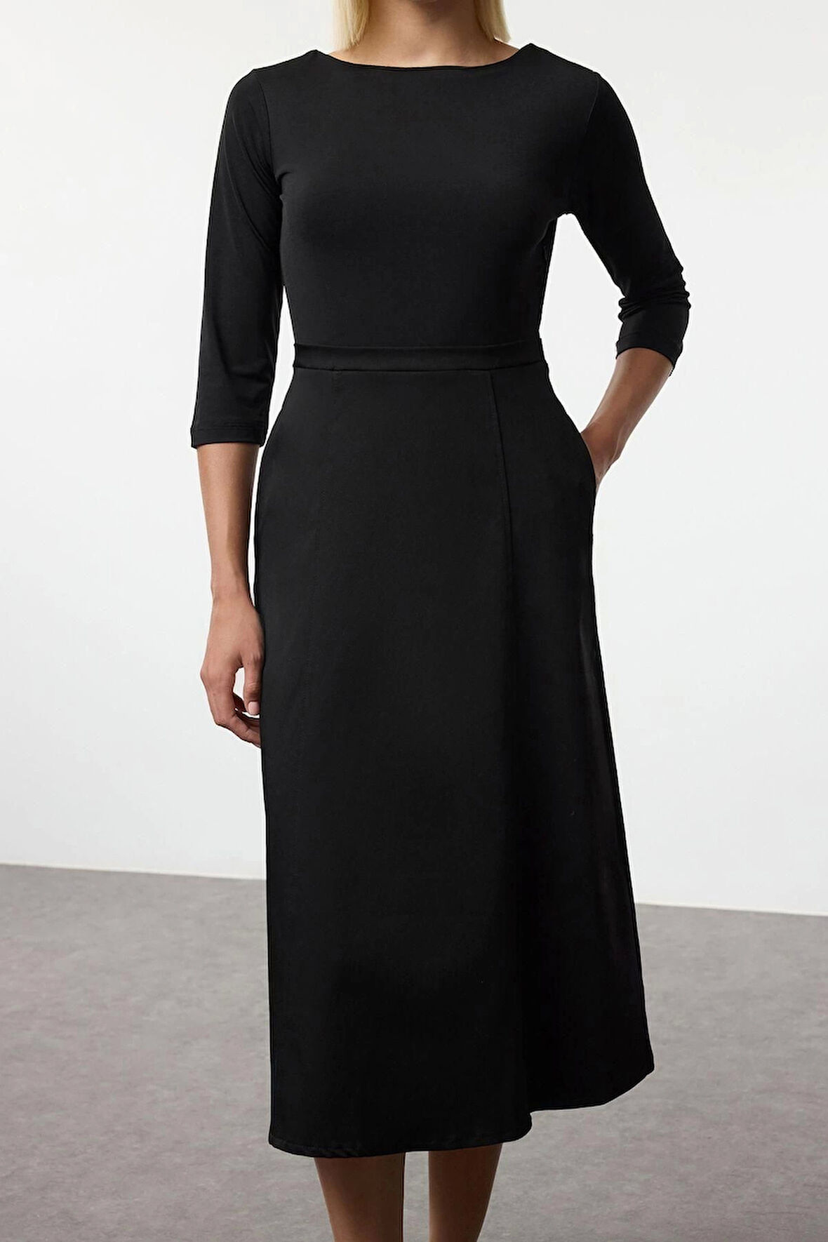 Kadın Moda Şık Midi Boy Bisiklet Yaka Regular Belden Açılan Kumaş Mixli Dokuma Elbise