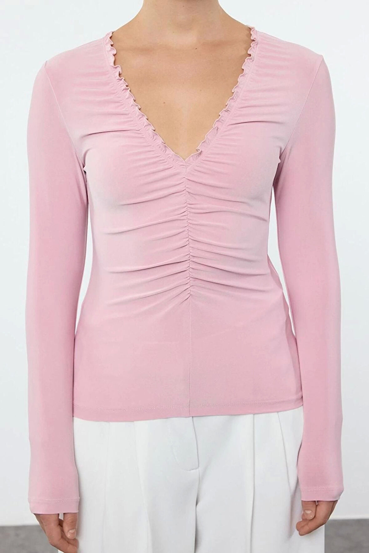 Kadın Moda Şık Üst Giyim Regular V Yaka Slim Kalıp Örme Büzgü Drape Detaylı Vücuda Oturan Esnek Bluz