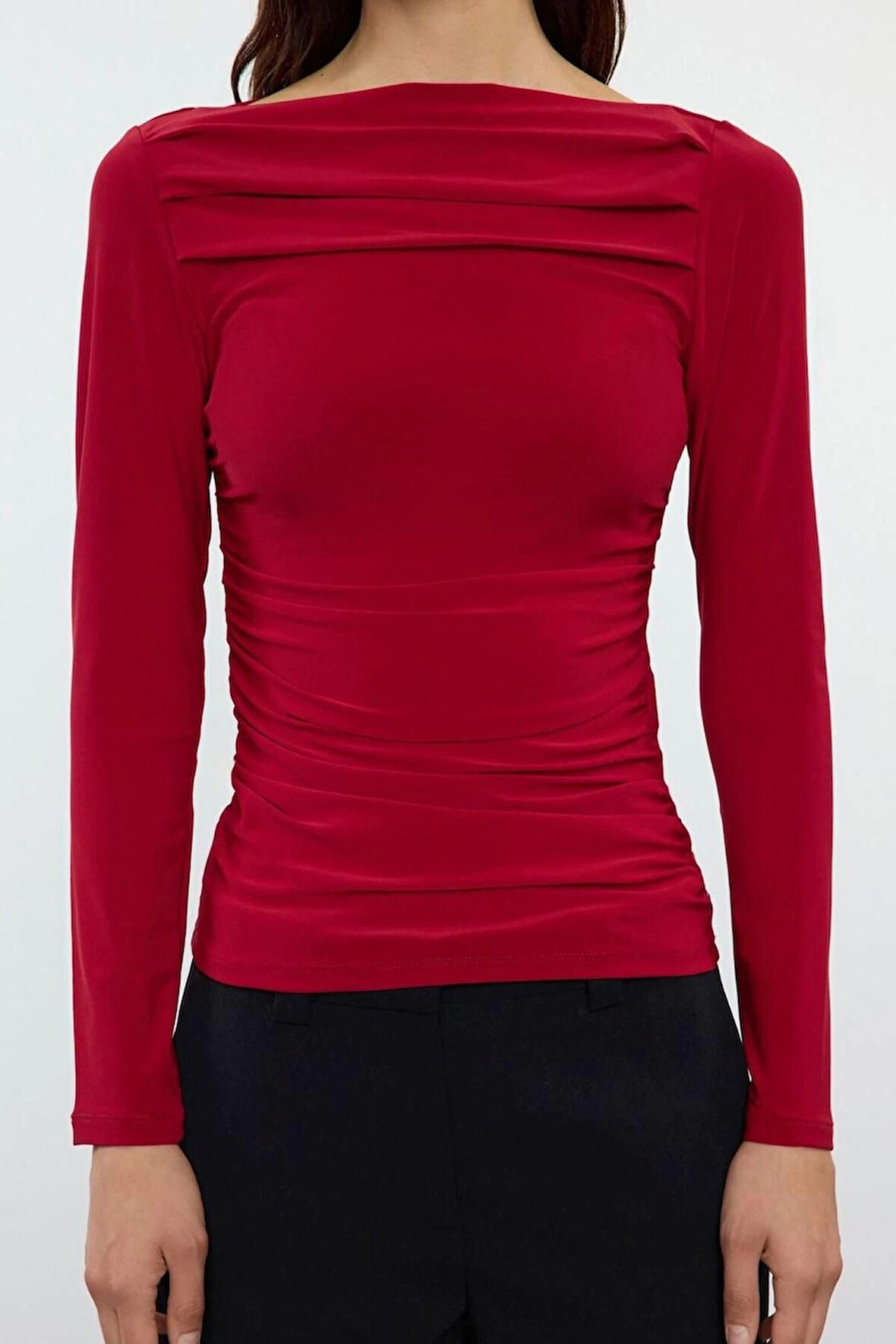 Kadın Moda Şık Üst Giyim Regular Kayık Yaka Slim Kalıp Örme Drapeli Vücuda Oturan Esnek Bluz