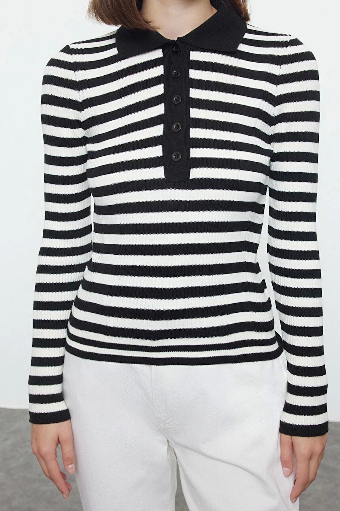 Kadın Moda Şık Polo Yaka Standart Kol Regular Basic Çizgili Triko Kazak