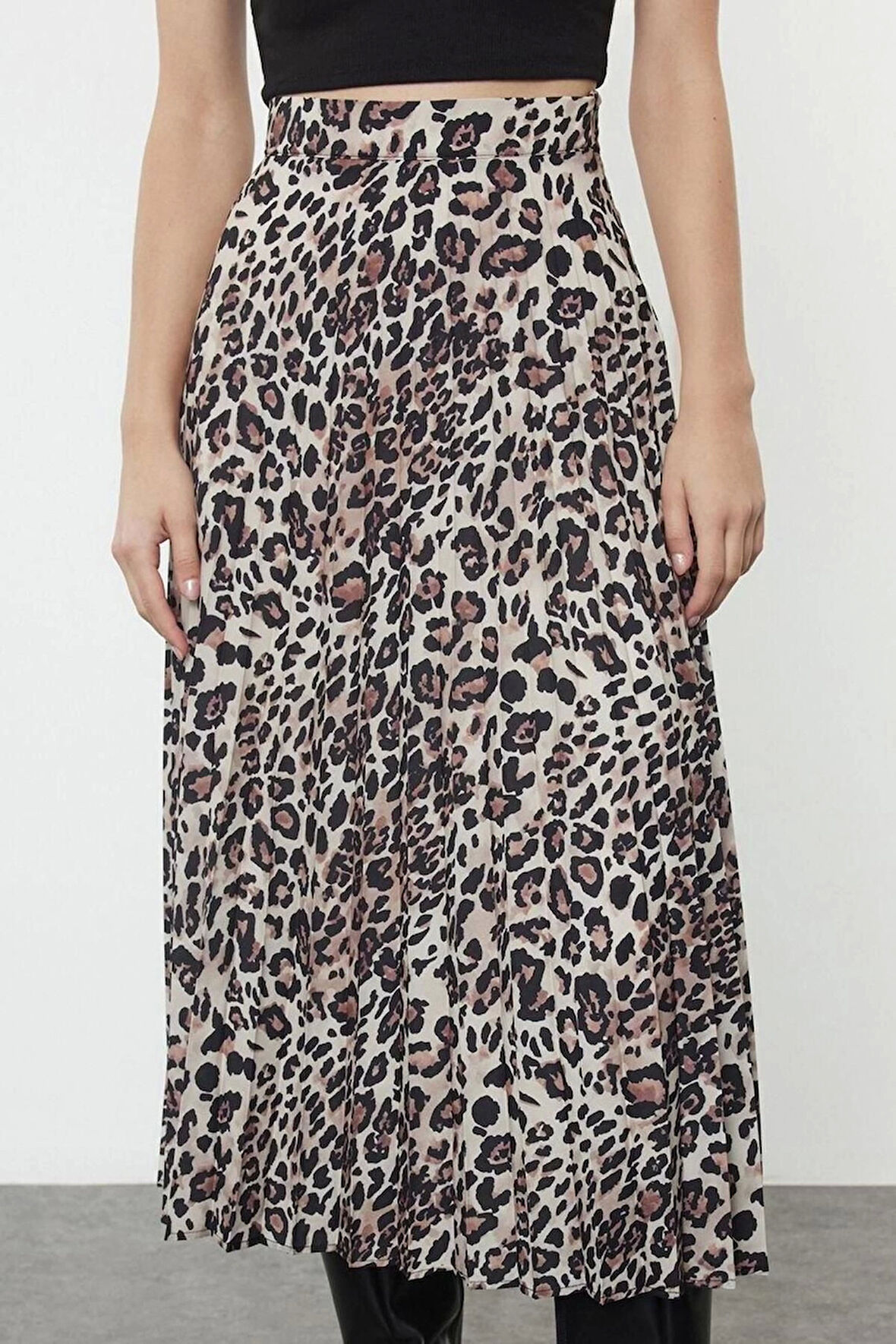 Kadın Moda Stil Maxi Astarsız Dokuma Leopar Pileli Maxi Boy Dokuma Etek