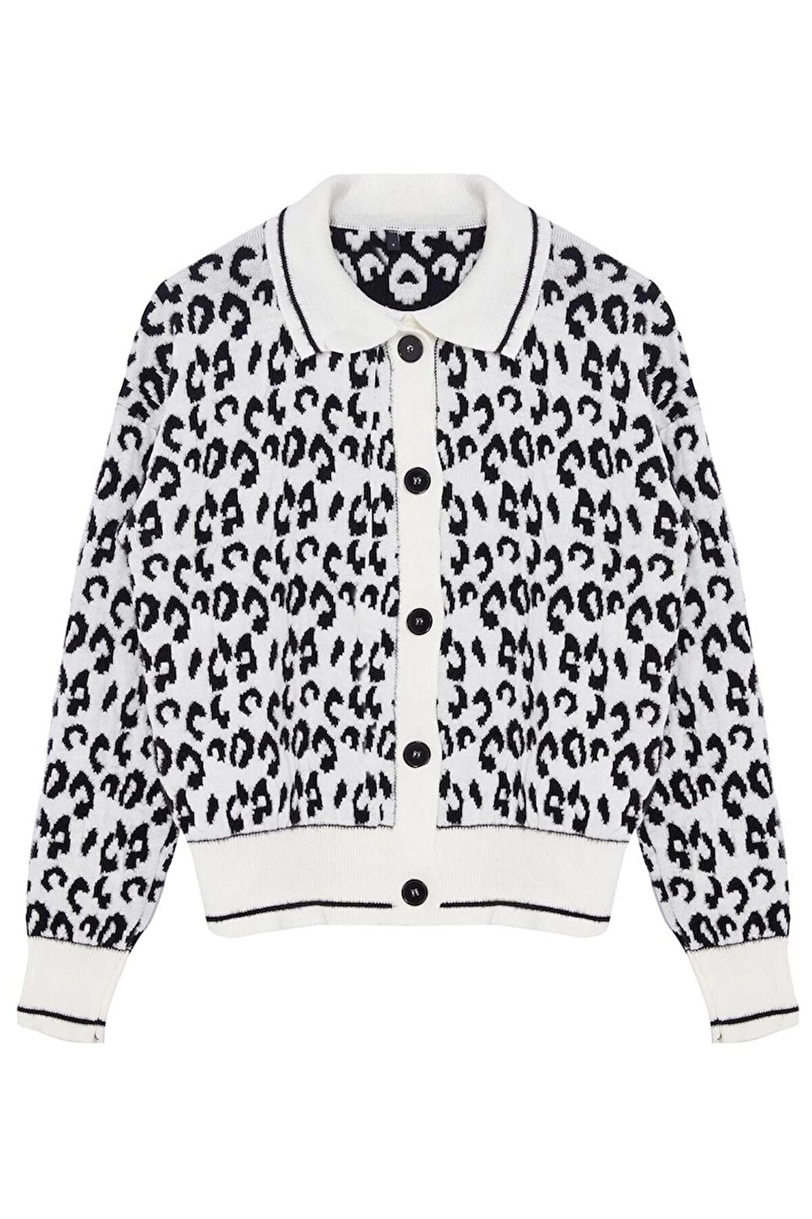 Kadın Moda Şık Regular Polo Yaka Regular Yumuşak Dokulu Leopar Desenli Polo Yaka Triko Hırka