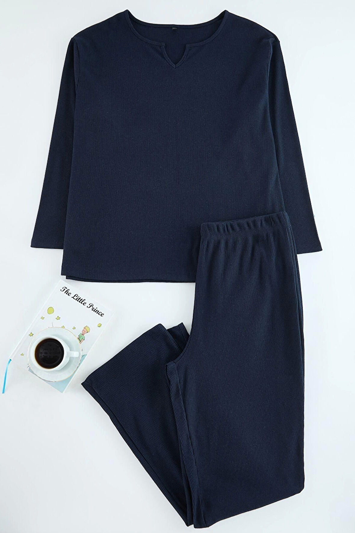 Kadın Moda Şık Büyük Beden V Yaka Geniş Paça Uzun Kol Kaşkorse Örme Pijama Takımı