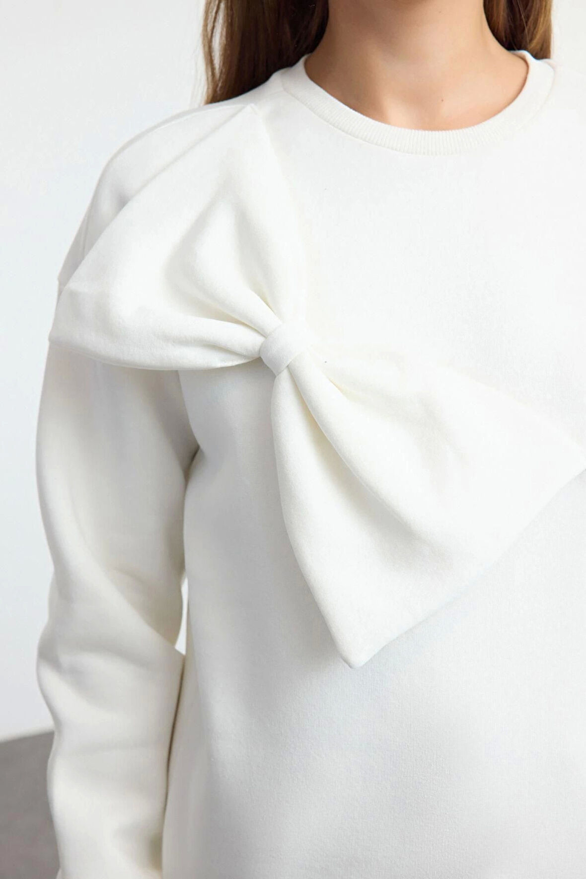 Kadın Moda Şık Bol Bisiklet Yaka Düşük Kol Uzun İnce Kurdele Detaylı Rahat Kesim Örme Sweatshirt