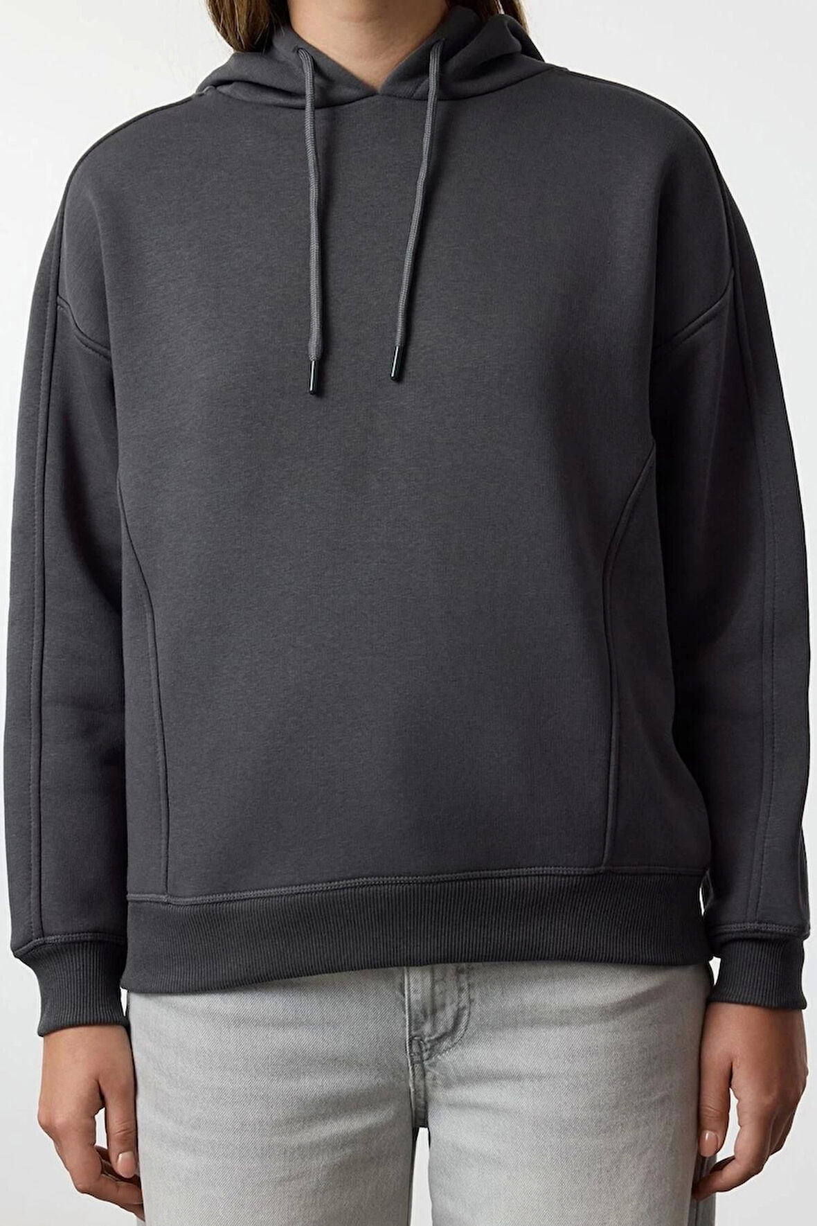 Kadın Moda Şık Oversize Kapüşonlu Düşük Kol Uzun Kalıp Kalın içi Polarlı Örme Sweatshirt