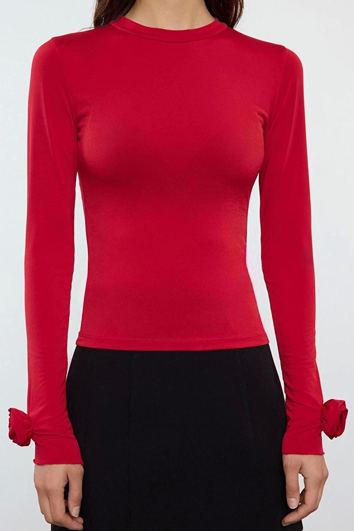 Kadın Moda Şık Regular Dik Yaka Slim Kalıp Örme Gül Detaylı Fitted Vucuda Oturan Kollu Esnek Bluz