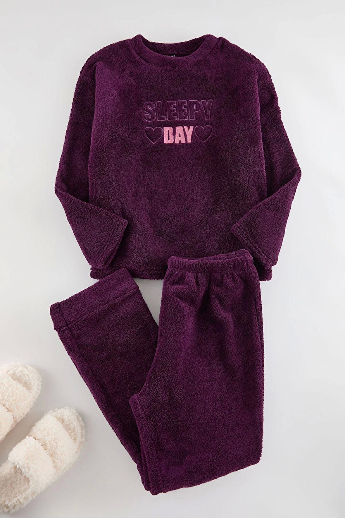 Kadın Moda Büyük Beden Bisiklet Yaka Dar Paça Uzun Kol Mor Kalpli Peluş Wellsoft Örme Pijama Takımı