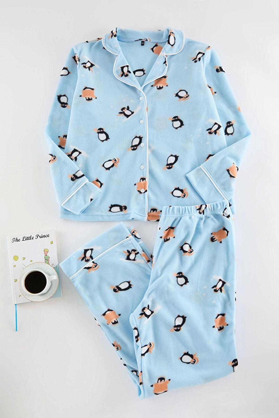 Kadın Moda Şık Büyük Beden Gömlek Yaka Boru Paça Uzun Kol Penguen Desenli Örme Pijama Takımı