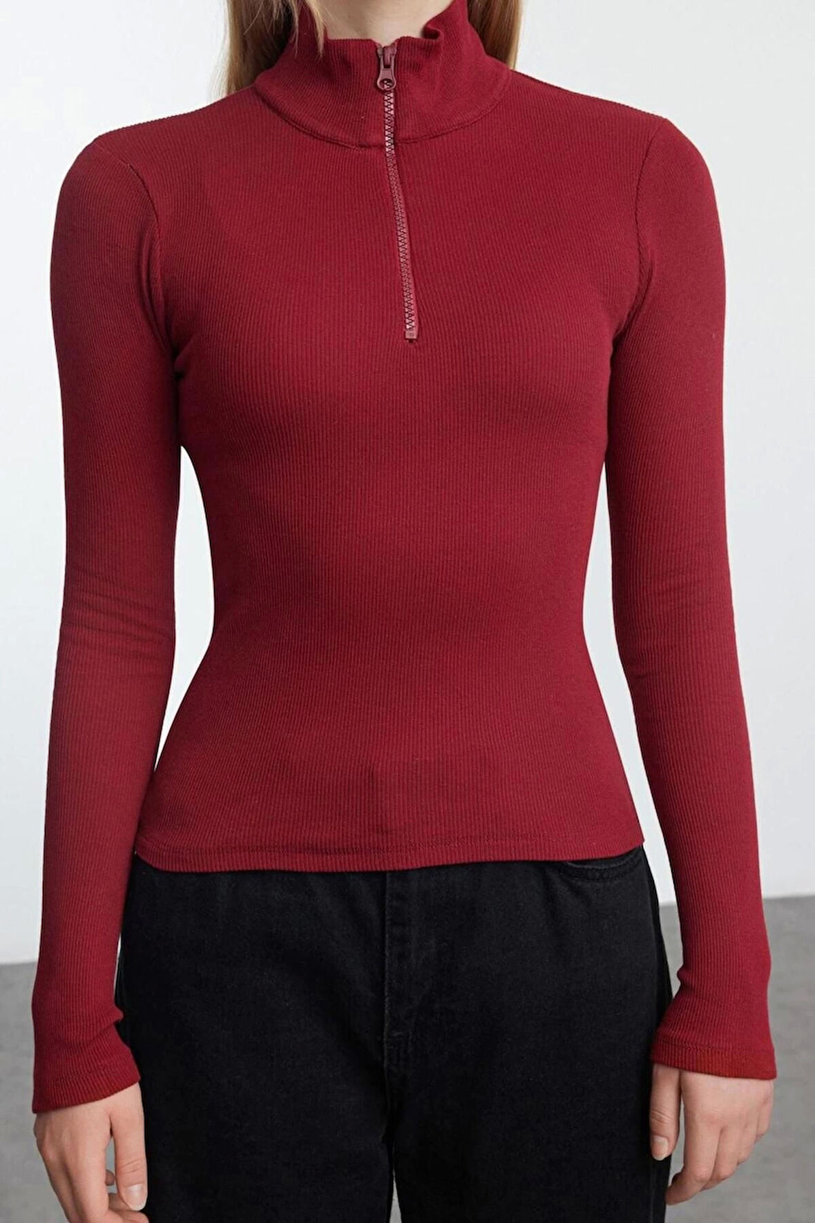 Kadın Moda Şık Üst Giyim Regular Fermuarlı Yaka Slim Kalıp Örme Fitted vücuda Oturan Esnek Bluz