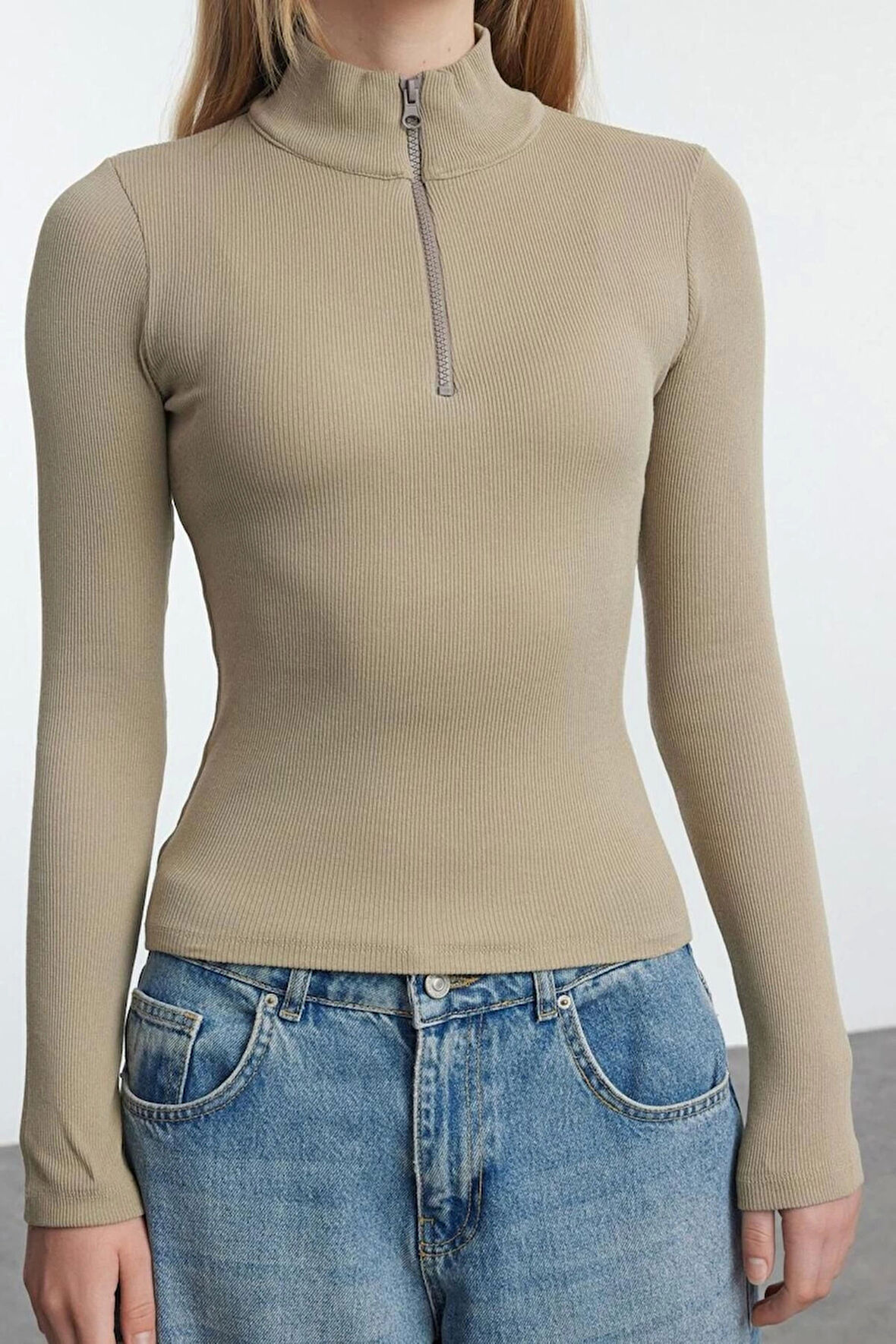Kadın Moda Şık Üst Giyim Regular Fermuarlı Yaka Slim Kalıp Örme Fitted vücuda Oturan Esnek Bluz