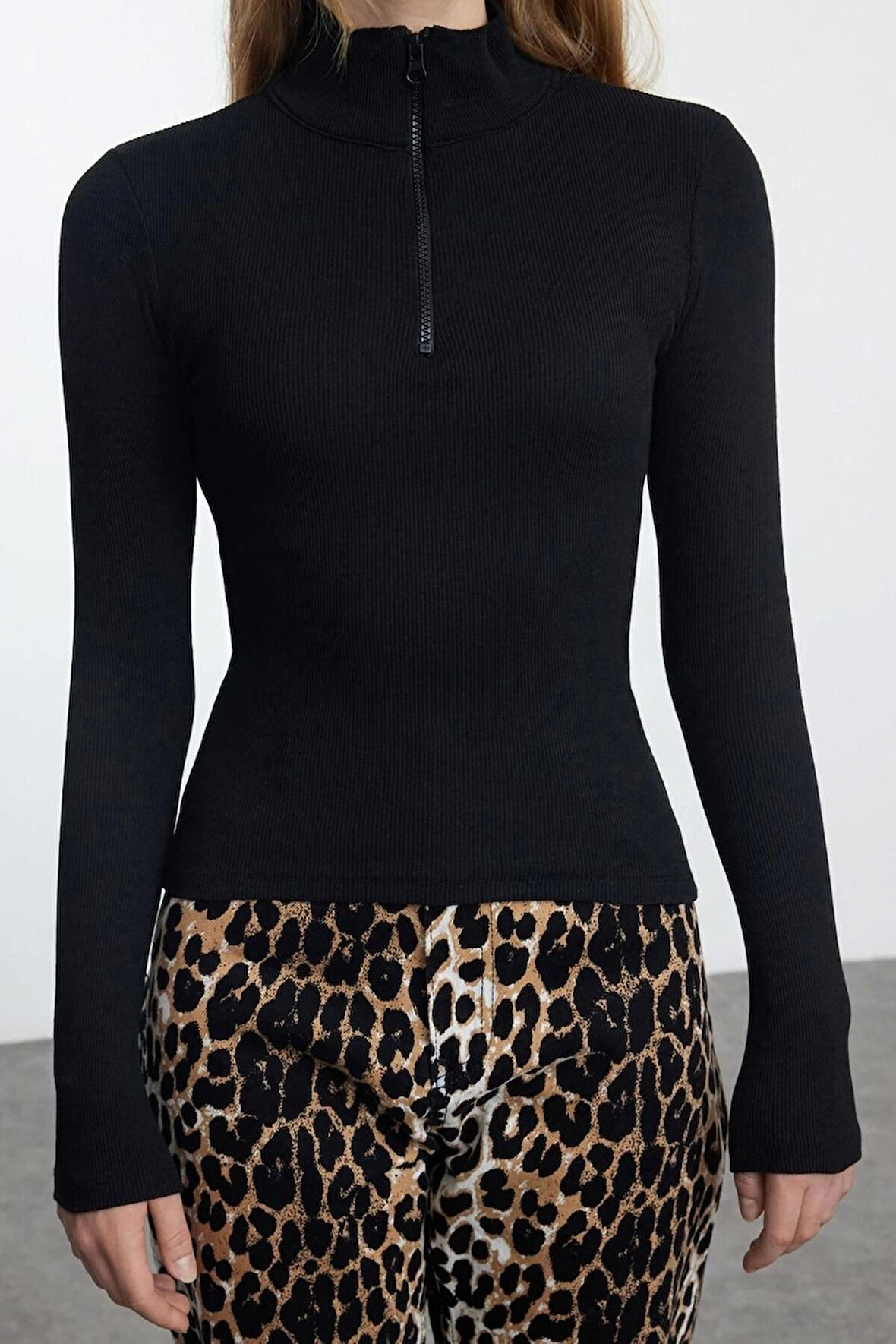 Kadın Moda Şık Üst Giyim Regular Fermuarlı Yaka Slim Kalıp Örme Fitted vücuda Oturan Esnek Bluz