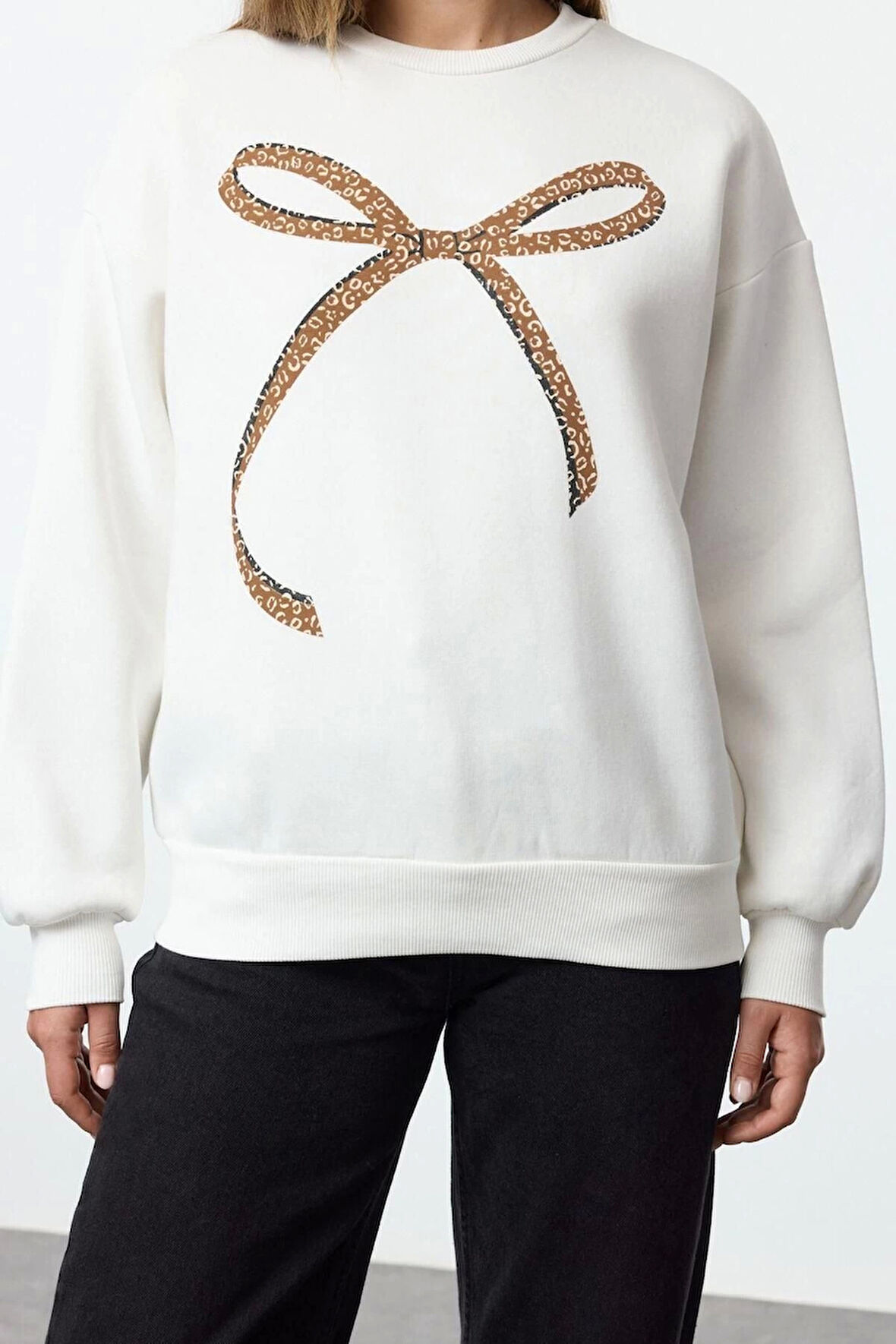 Kadın Moda Bol Bisiklet Yaka Düşük Kol Uzun Baskılı Geniş Kalıp Kalın İçi Polarlı Örme Sweatshirt