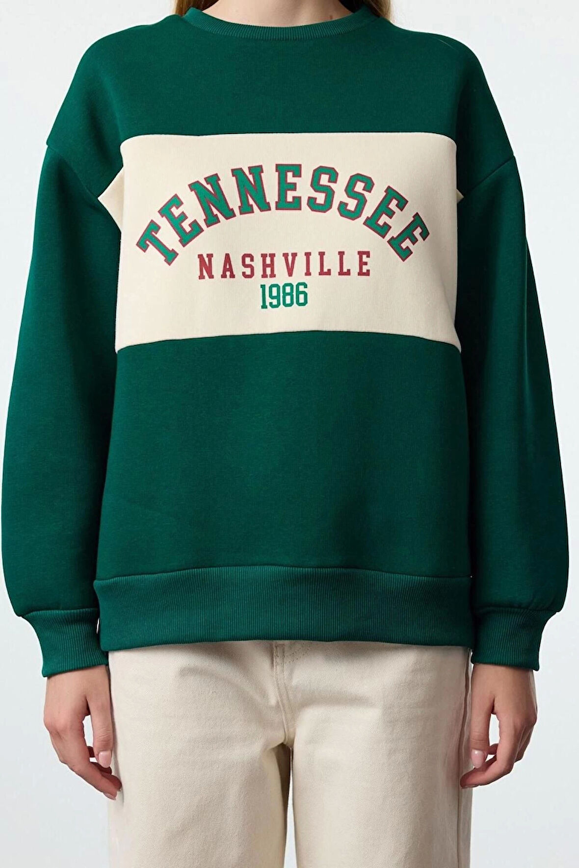 Kadın Moda Bol Bisiklet Yaka Düşük Kol Uzun Slogan Baskılı Kalıp Kalın İçi Polarlı Örme Sweatshirt
