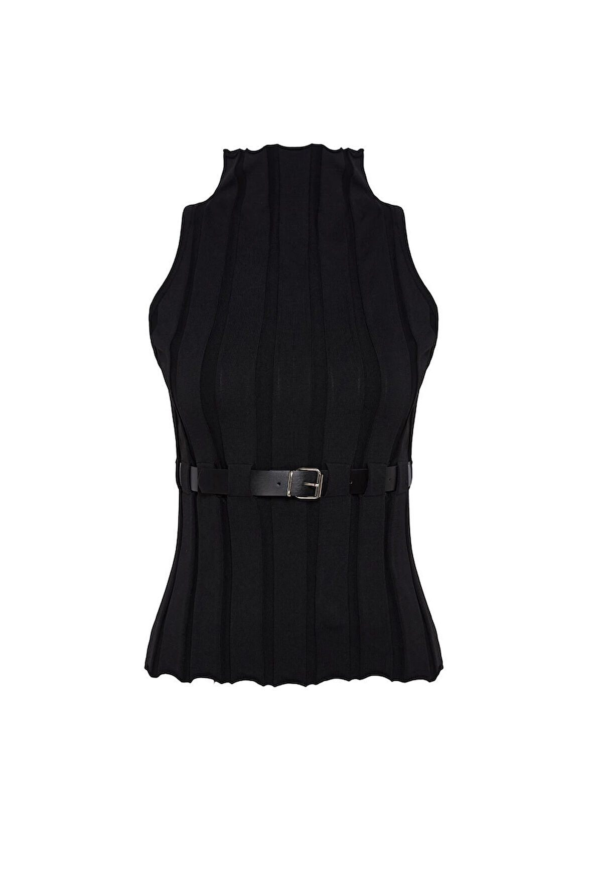 Kadın Moda Şık Dik Yaka Standart Kol Regular Kemerli Triko Süveter