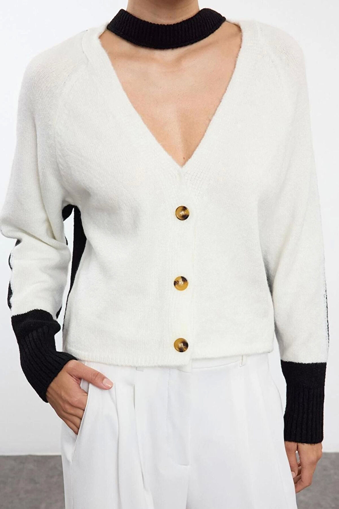 Kadın Moda Şık Regular V Yaka Regular Yumuşak Dokulu Renk Bloklu Triko Hırka
