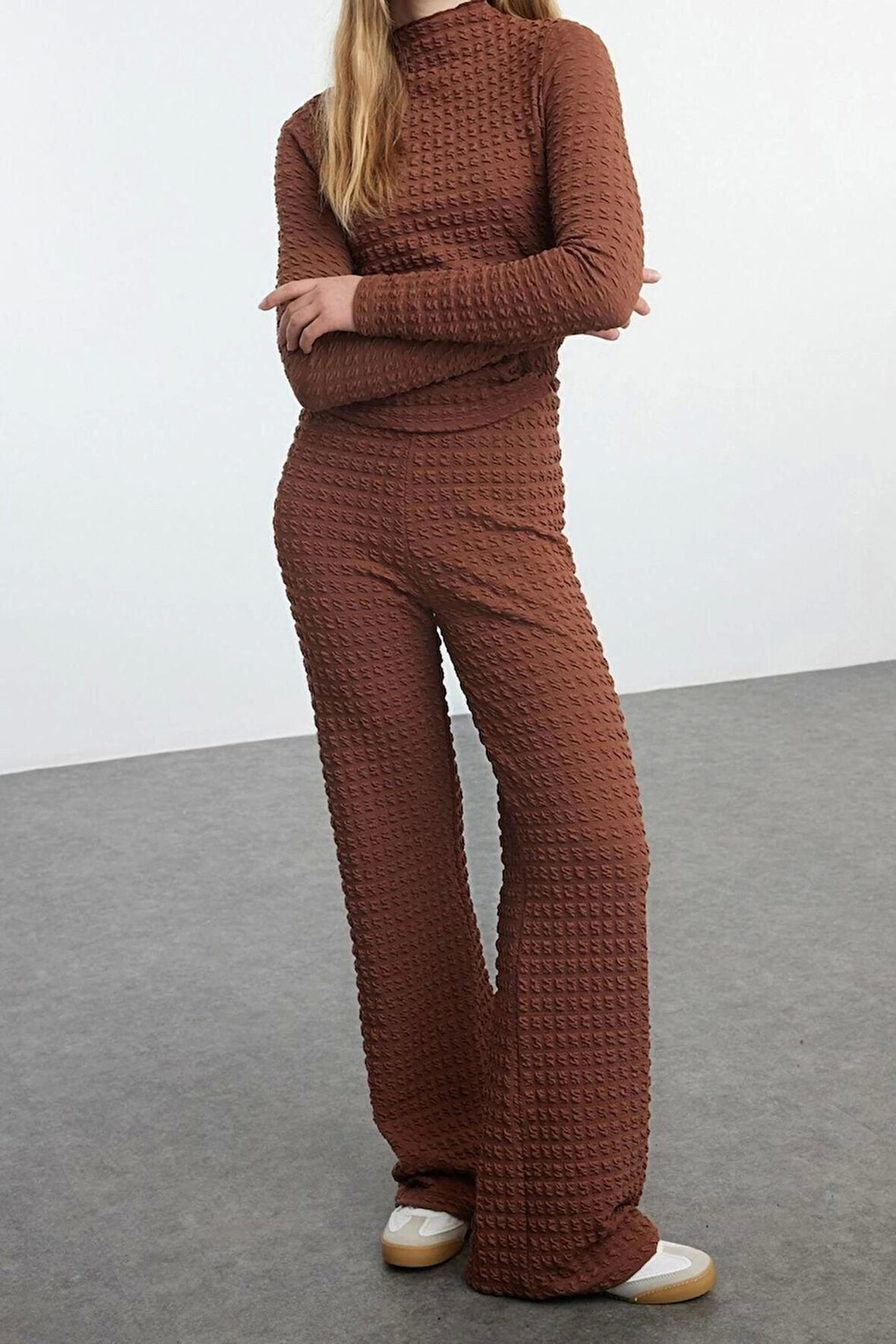 Kadın Moda Şık Boru Paça Uzun Boy Dokulu Fitted Vücuda Oturan Esnek Örme Alt-Üst Takım