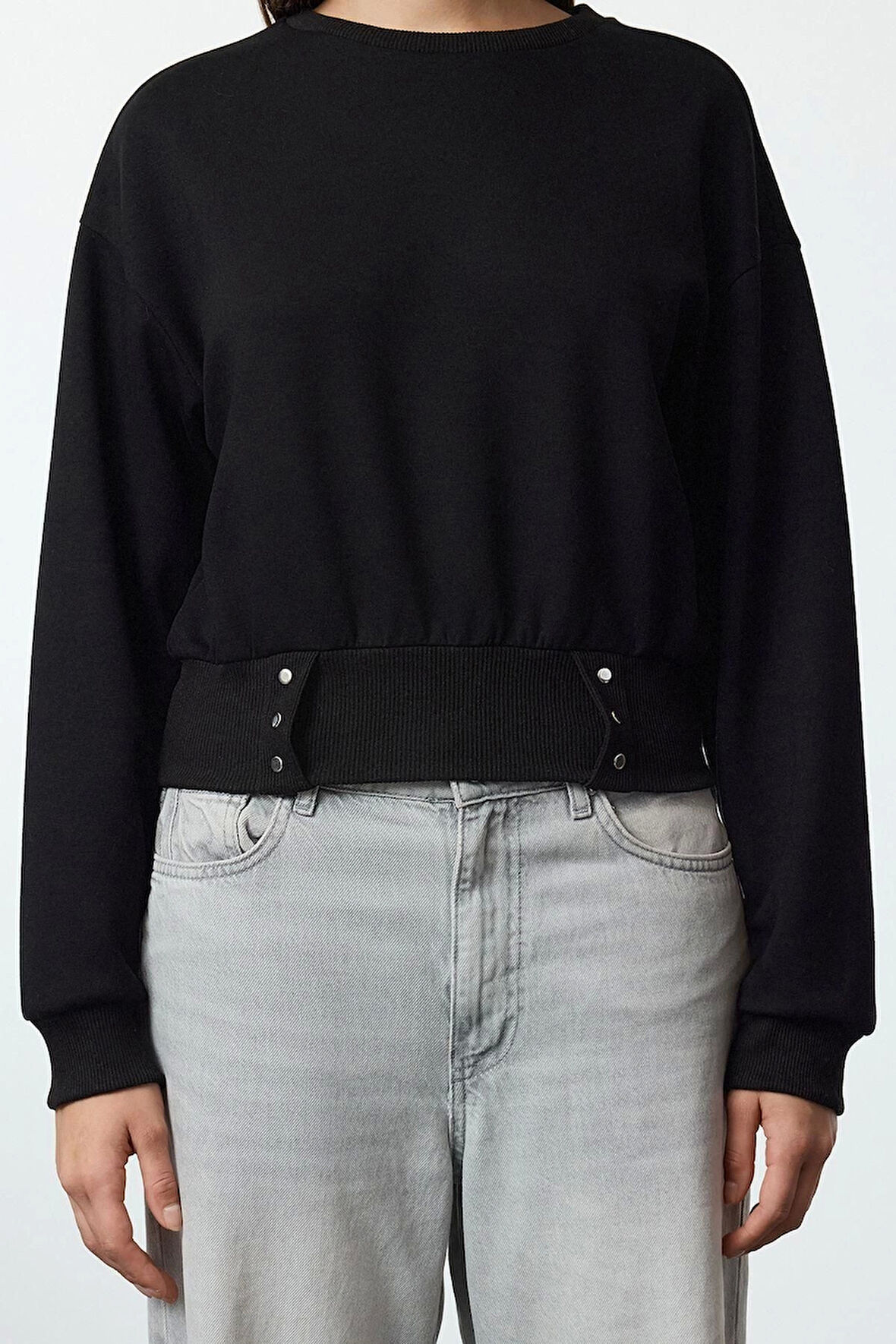 Kadın Moda Şık Bol Bisiklet Yaka Düşük Kol Uzun Çıtçıtlı Rahat Kalıp Crop Kalın Örme Sweatshirt