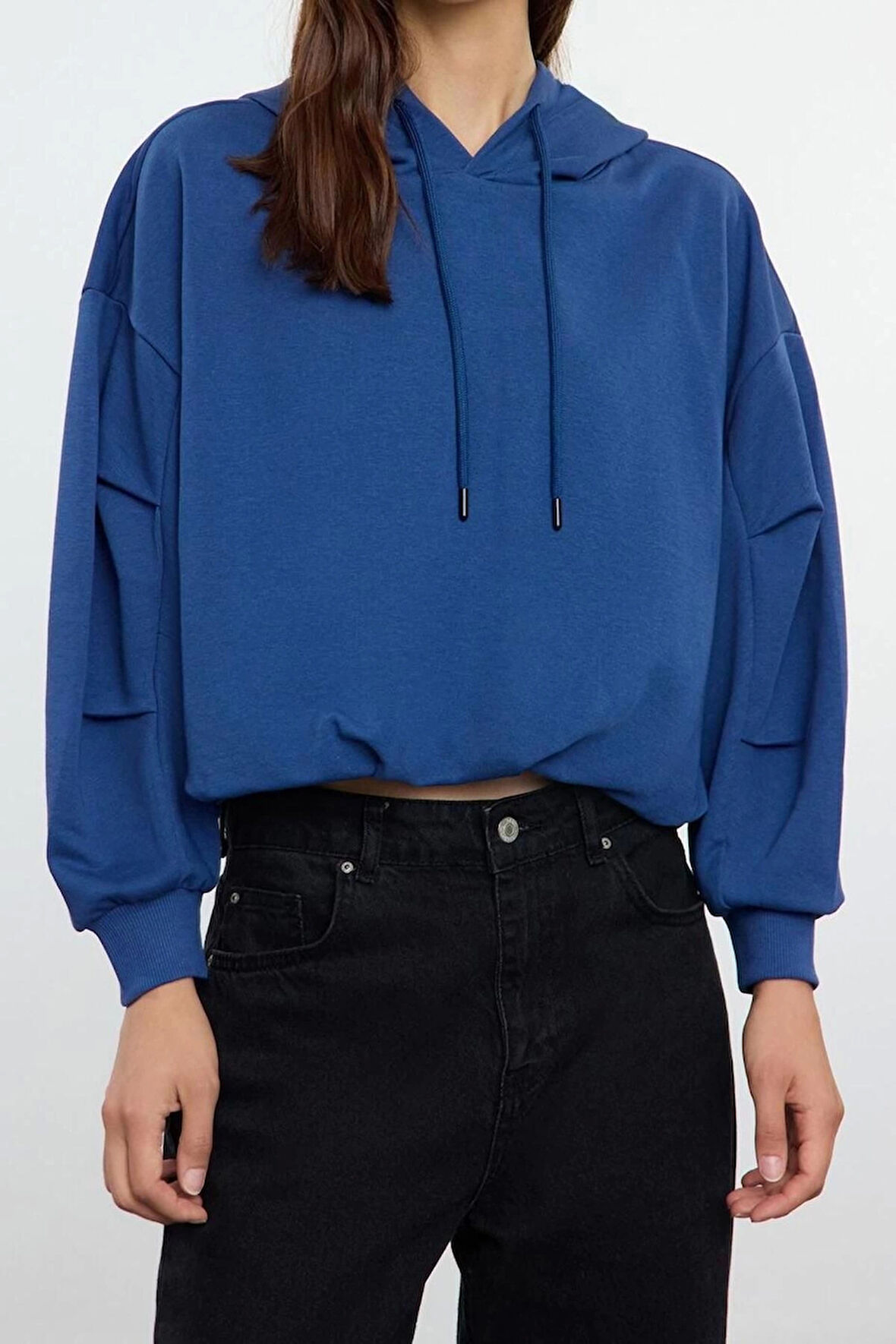 Kadın Relaxed Kapüşonlu Düşük Kol Regular Kalın İçi Polarlı Rahat Kesim Örme Sweatshirt