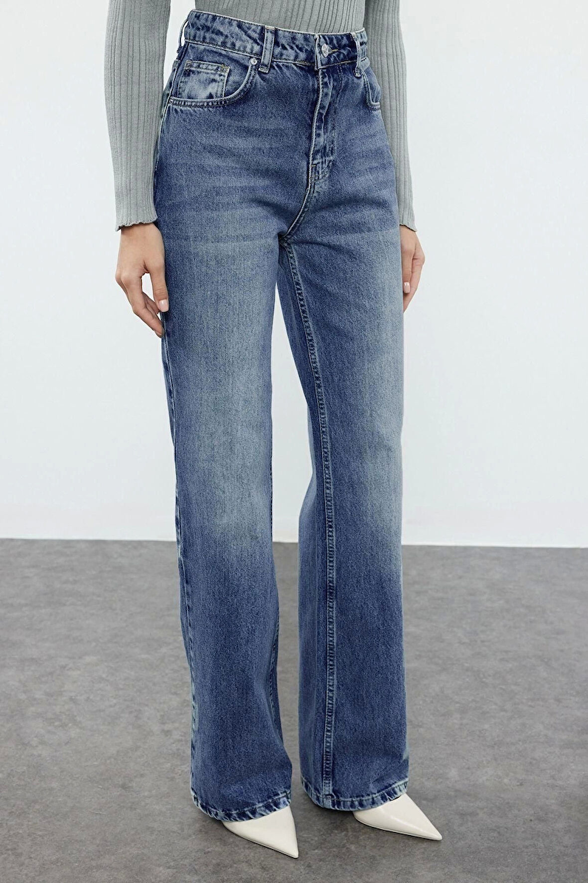Kadın Moda Şık Kot Pantolon Geniş Paça Uzun Boy Denim Mavi Yüksek Bel Jeans