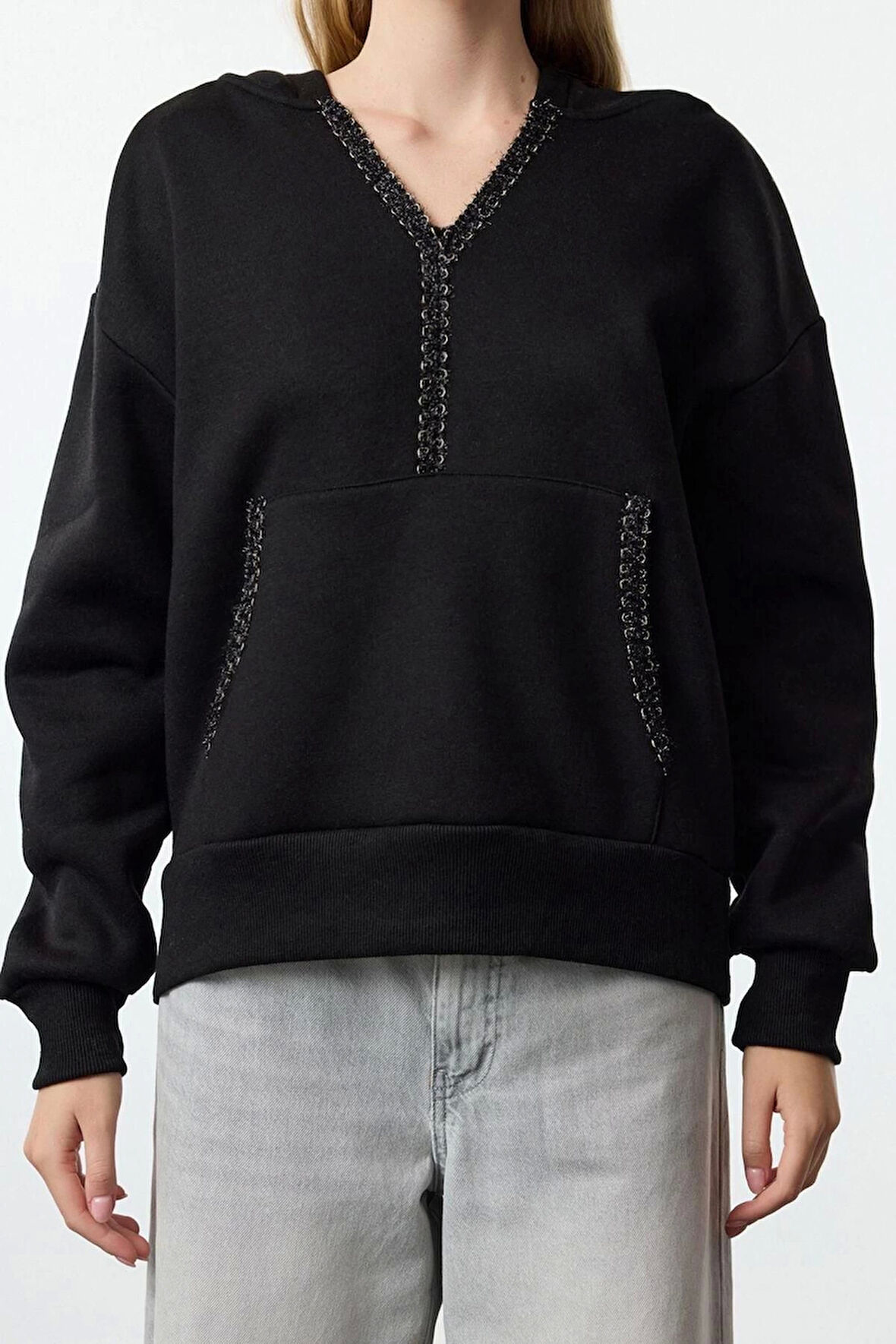 Kadın Moda Şık Regular V Yaka Düşük Kol Regular Aksesuar Detaylı Rahat Kalıp Örme Sweatshirt