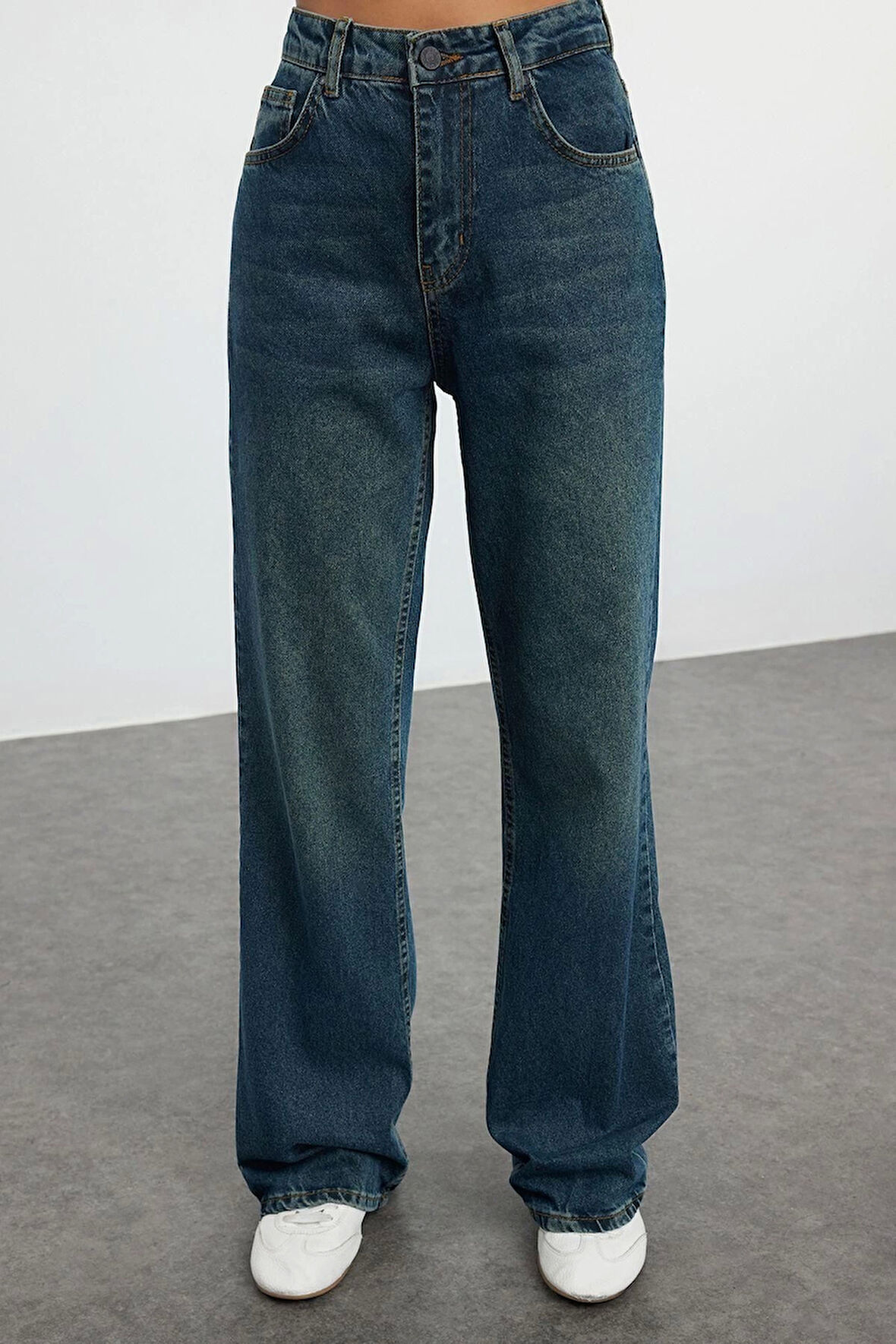Kadın Moda Şık Kot Pantolon Geniş Paça Uzun Boy Denim Mavi Soluk Vintage Yüksek Bel Jeans