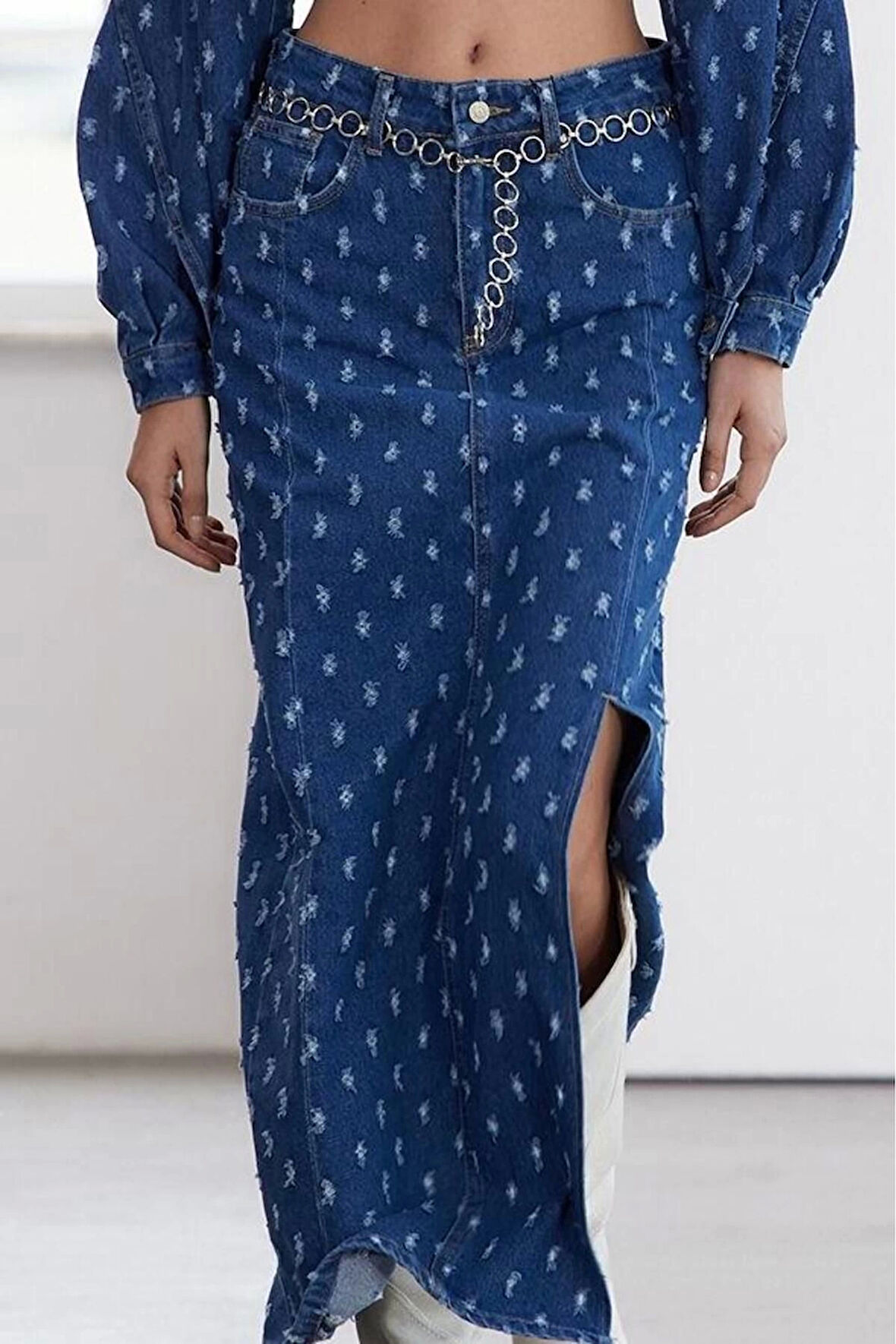 Kadın Moda Stil Midi Astarsız Denim Limited Edition Dokulu Kumaş Maxi Denim Etek