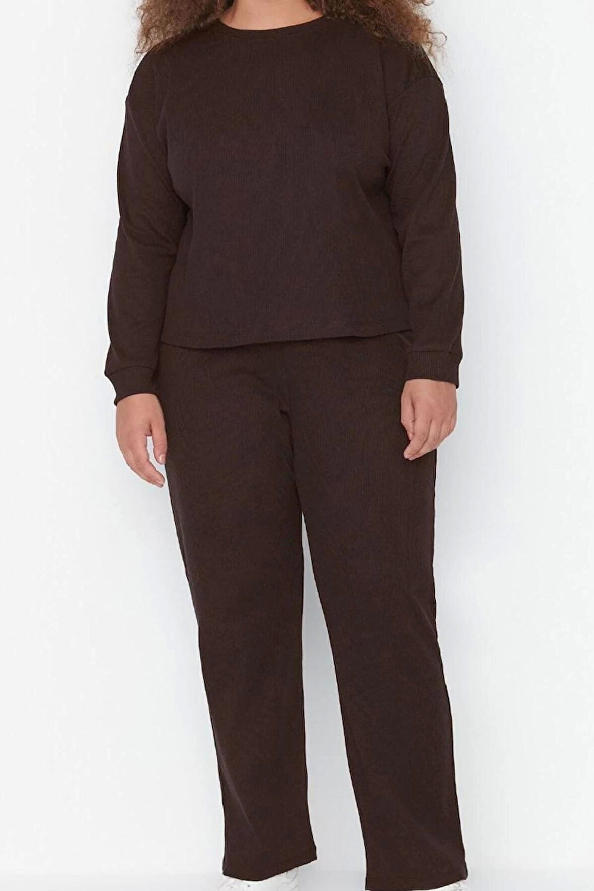 Kadın Moda Şık Büyük Beden Bisiklet Yaka Dar Paça Uzun Kol Pijama Takımı