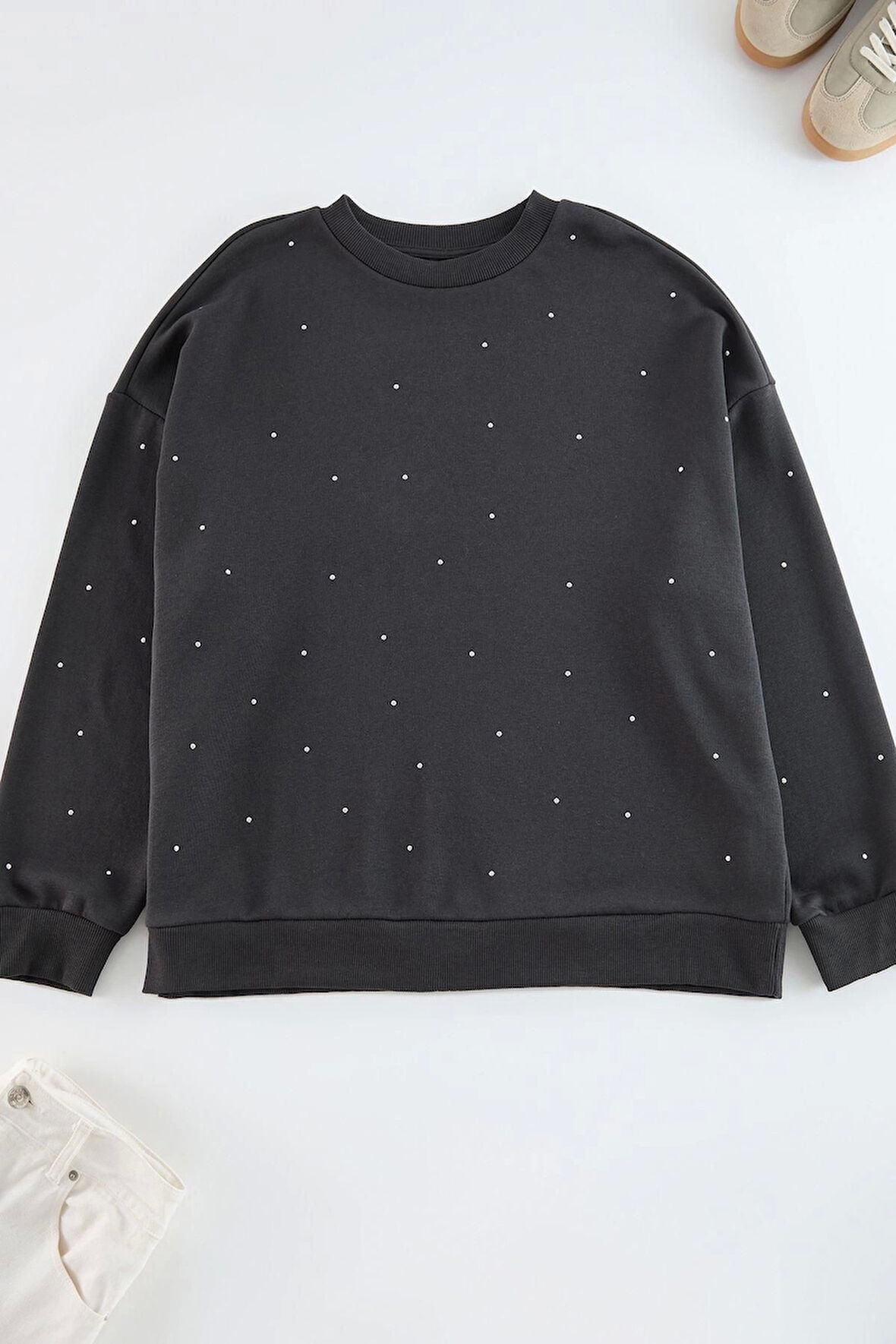 Kadın Büyük Beden Moda Oversize Bisiklet Yaka Düşük Kol Regular Kalın Zımba Detaylı Örme Sweatshirt