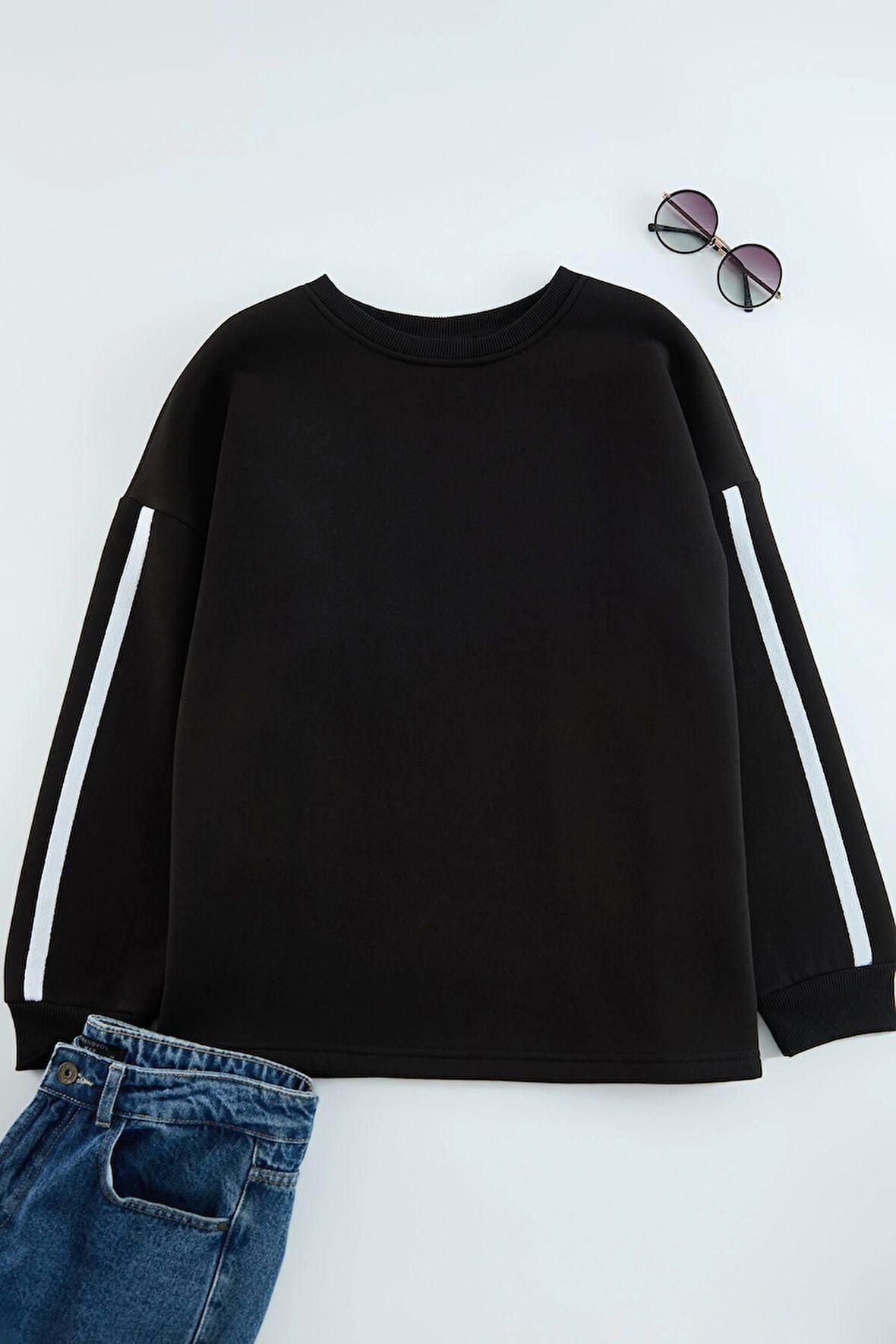 Kadın Büyük Beden Oversize Bisiklet Yaka Düşük Kol Uzun Şerit Geniş Kalıp İnce Örme Sweatshirt