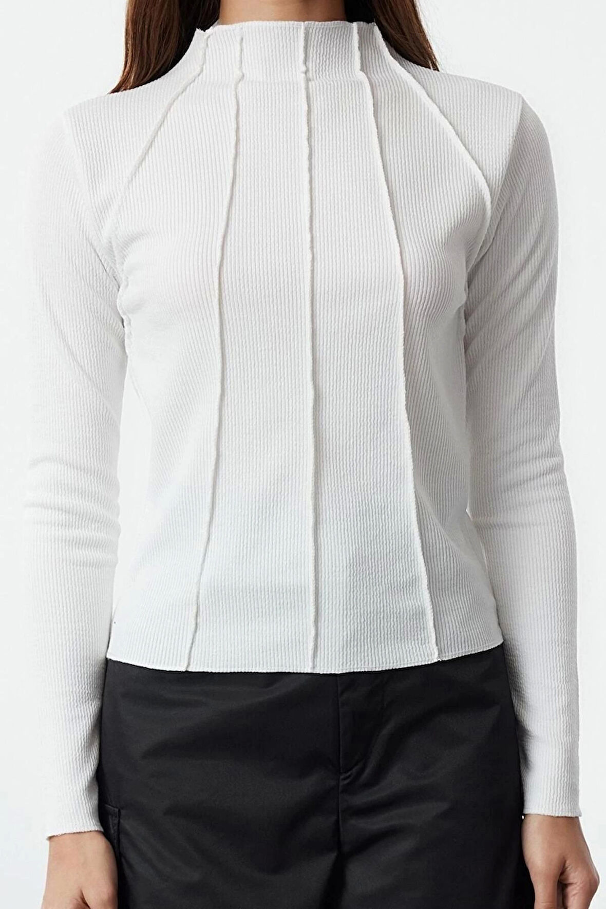 Kadın Standart Bisiklet Yaka Reglan Kol Regular Kalıp Örme Fitted Fermuarlı Biye Fitilli Esnek Bluz