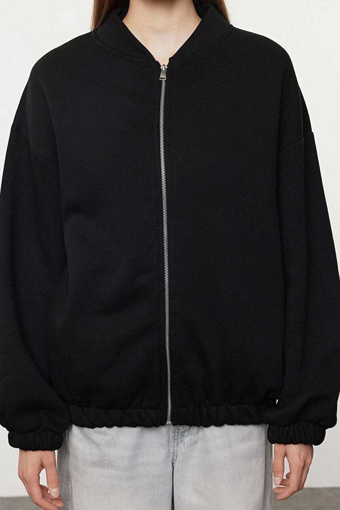 Kadın Oversize Bisiklet Yaka Düşük Kol Uzun Fermuarlı Geniş Kalıp Kalın İçi Polarlı Örme Sweatshirt