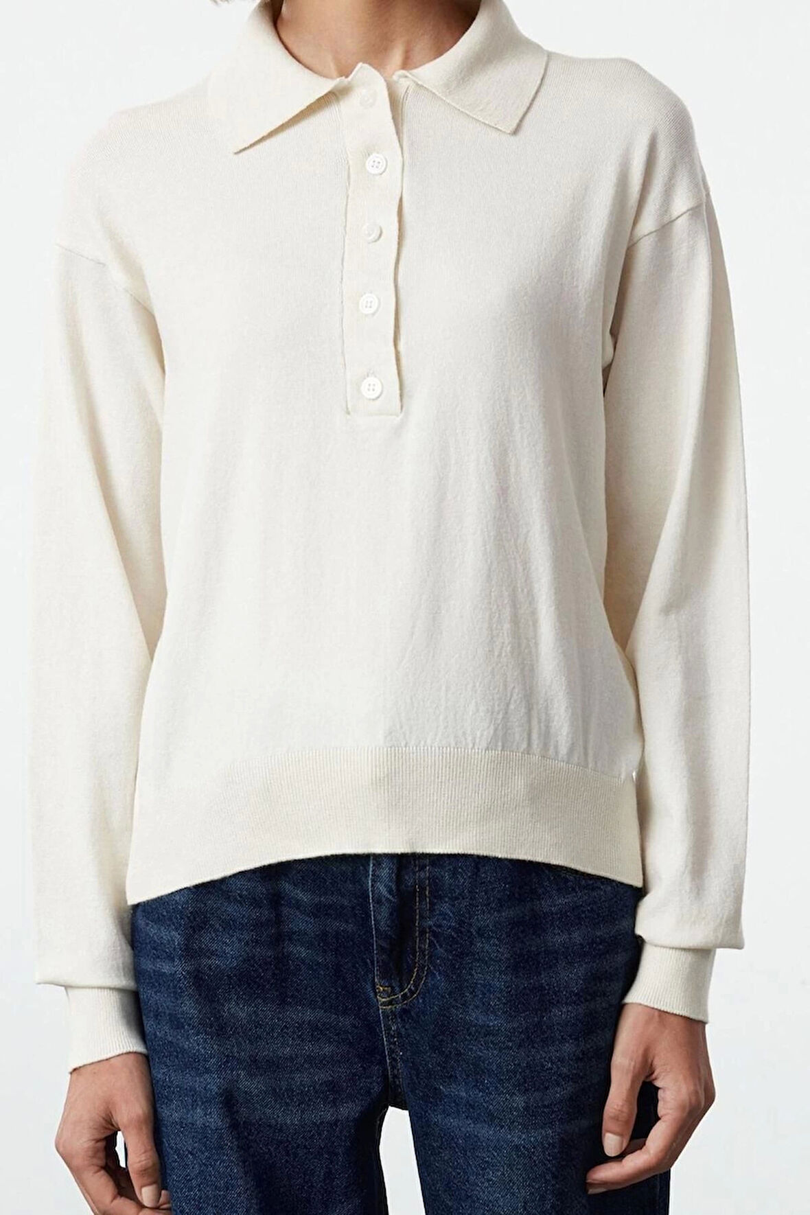 Kadın Moda Şık Polo Yaka Standart Kol Regular İnce Triko Kazak