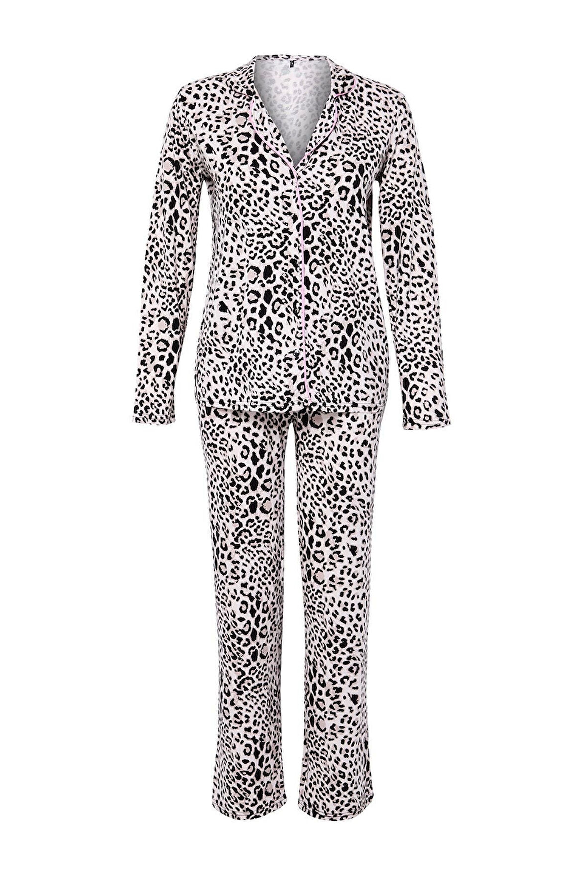 Kadın Boru Paça Uzun Kol Leopar Desenli Kurdele Fiyonklu Biyeli Gömlek Pantolon Pijama Takımı