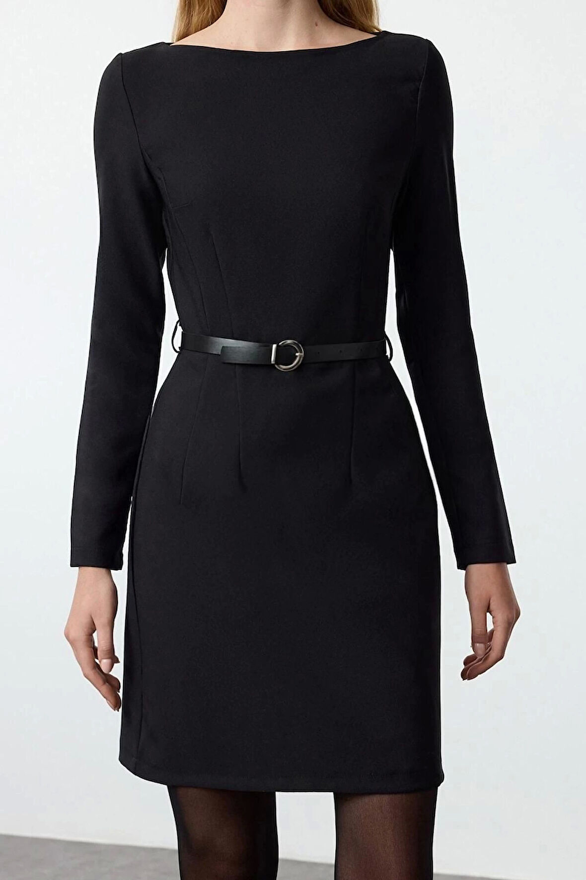 Kadın Moda Şık Mini Boy Kayık Yaka Fitted Kemerli Vücuda Oturan Dokuma Elbise
