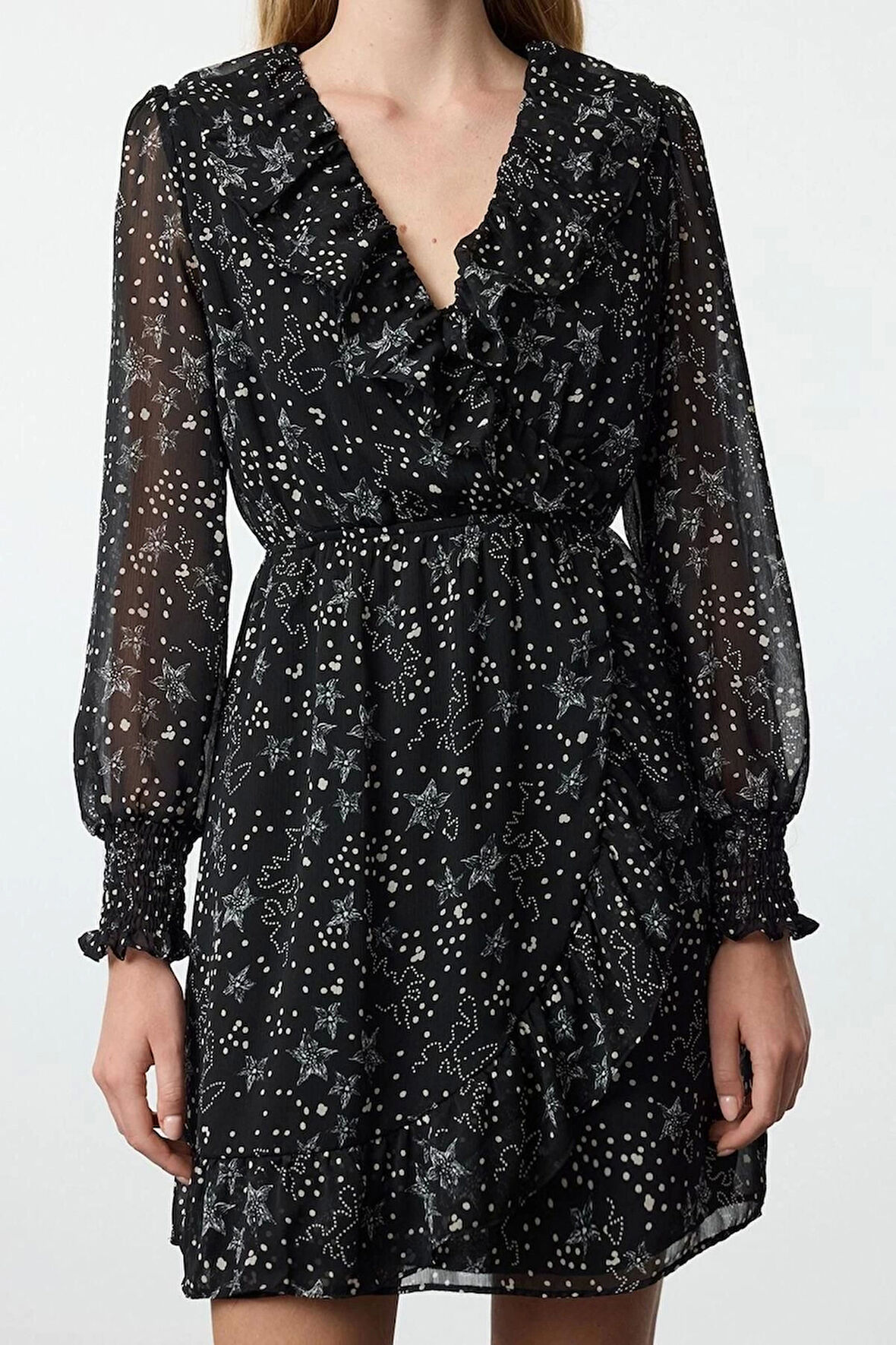 Kadın Moda Şık Mini Boy Kruvaze Regular A Kesim Geometrik Desenli Fırfırlı Şifon Dokuma Elbise