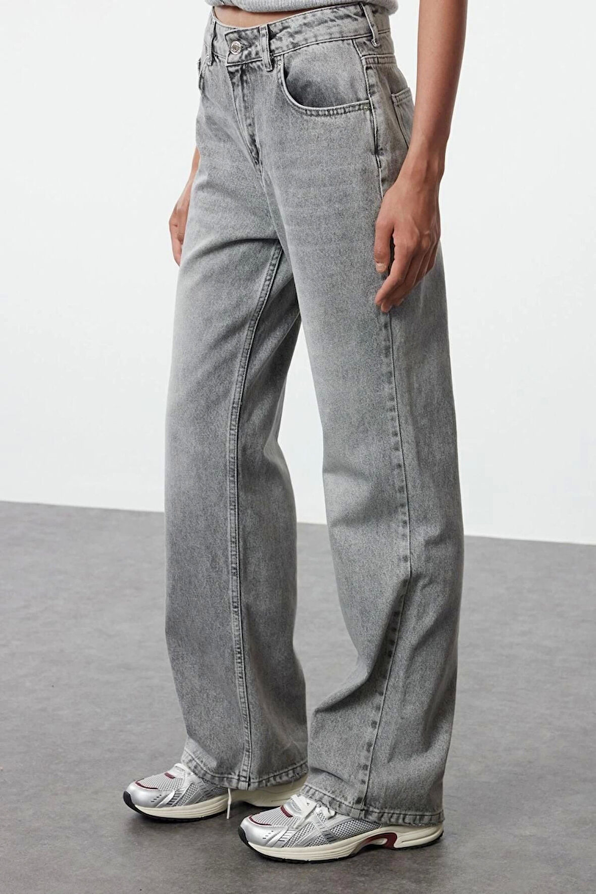 Kadın Moda Şık Kot Pantolon Geniş Paça Uzun Boy Denim Gri Yüksek Bel Jeans