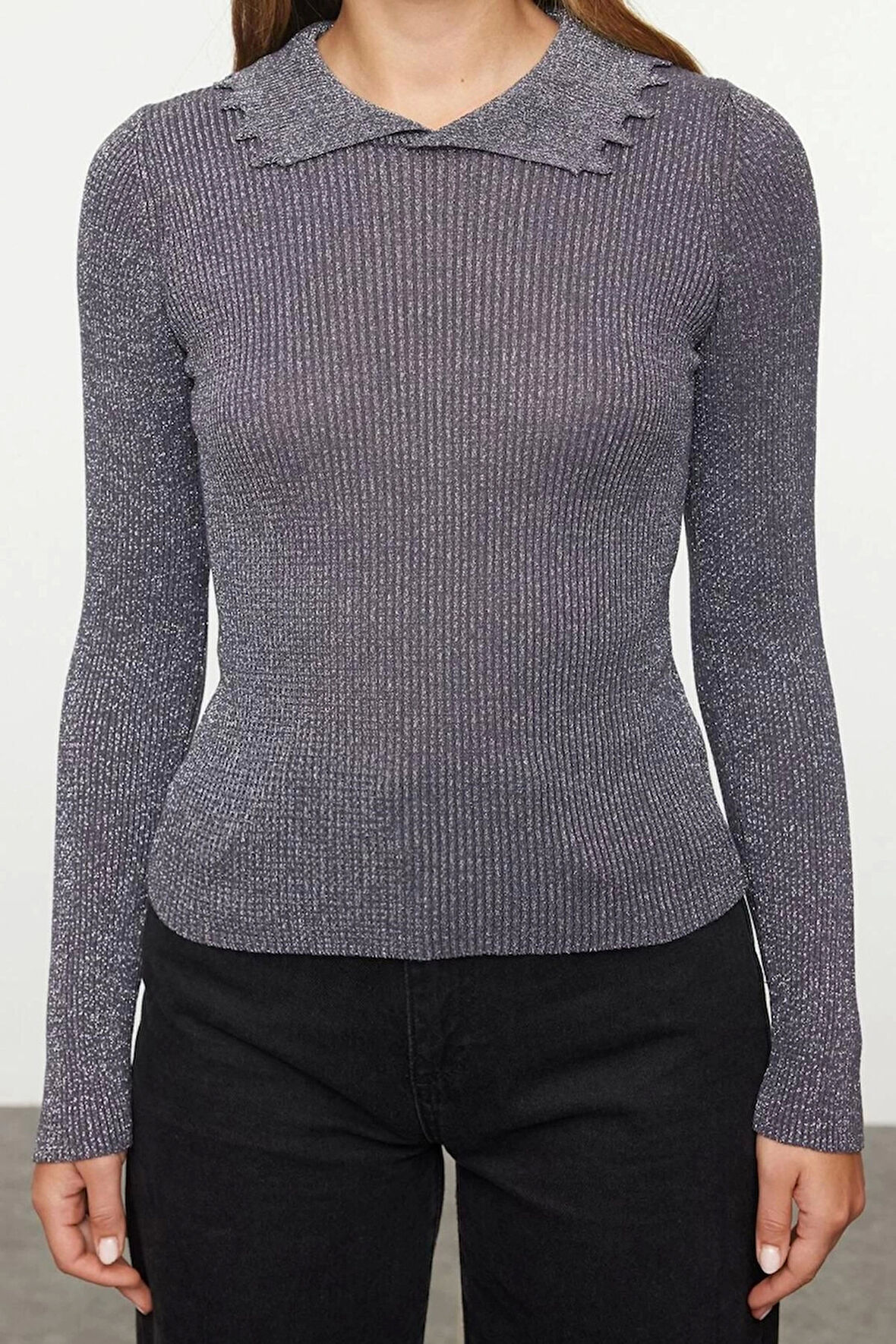 Kadın Moda Şık Polo Yaka Standart Kol Regular Fitilli Triko Kazak