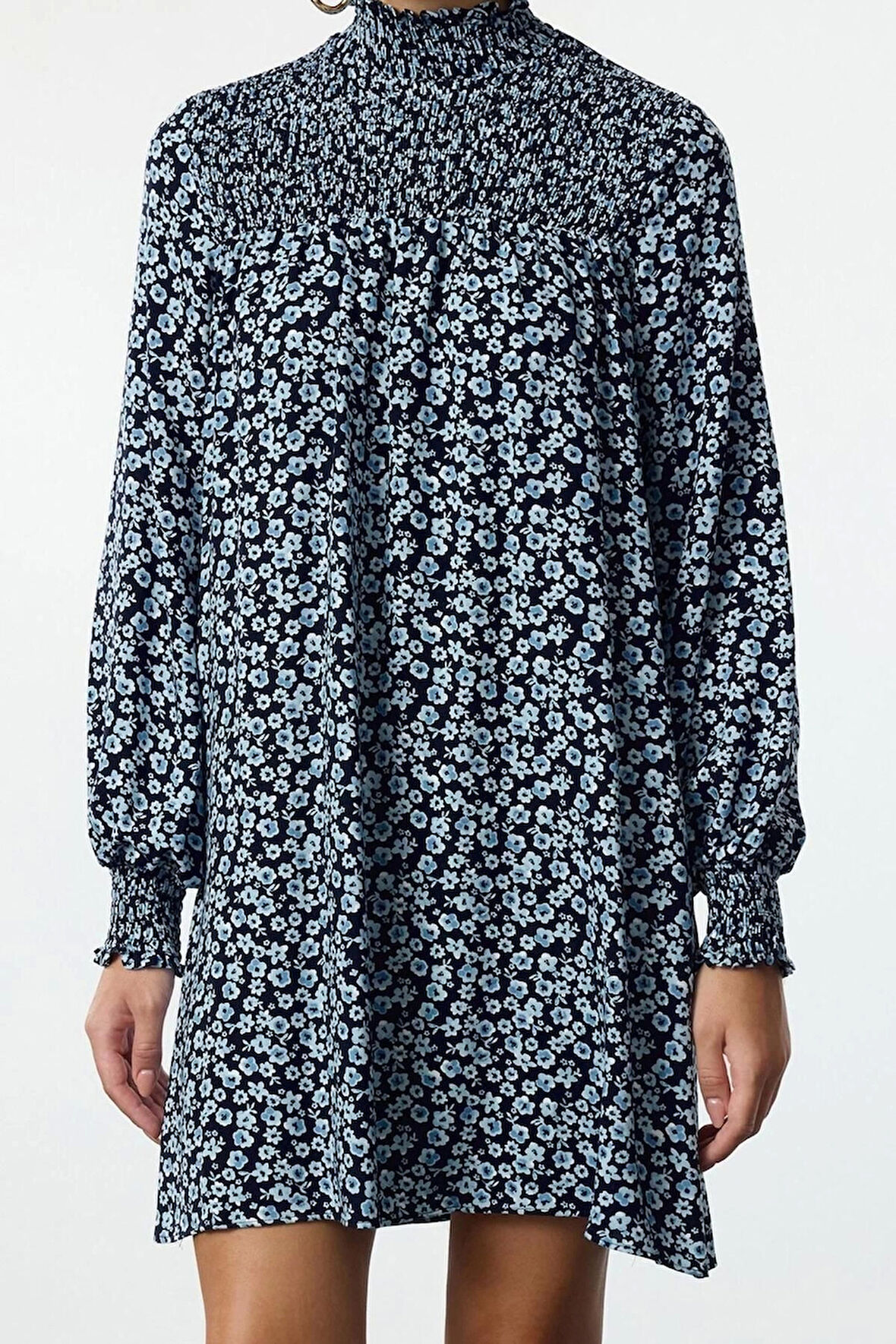 Kadın Moda Şık Mini Boy Dik Yaka Regular Düz Kesim Gipeli Dokuma Elbise