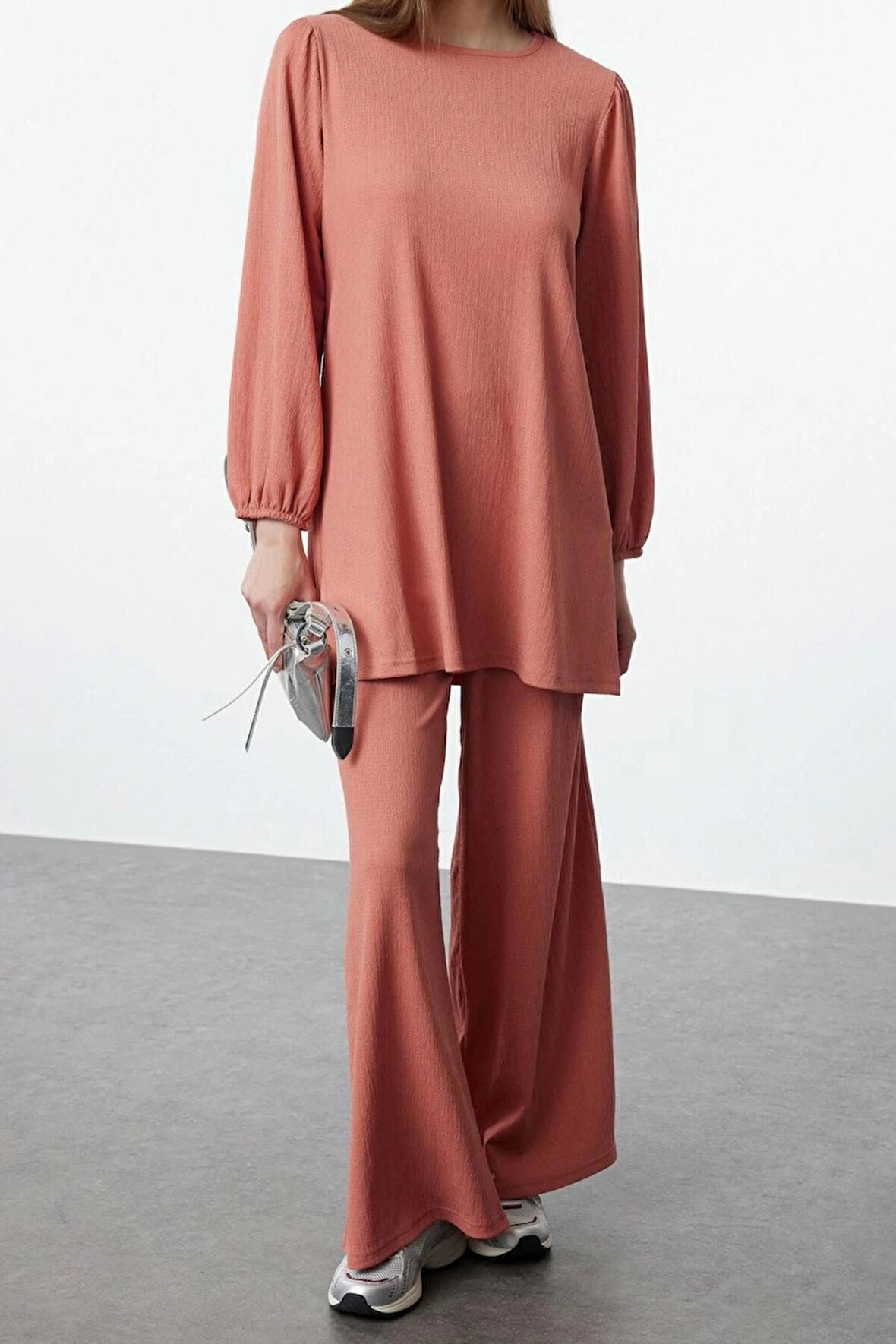 Kadın Moda Şık Regular Midi Boy Uzun Kollu Oversize Bürümcük Örme Alt-Üst Takım
