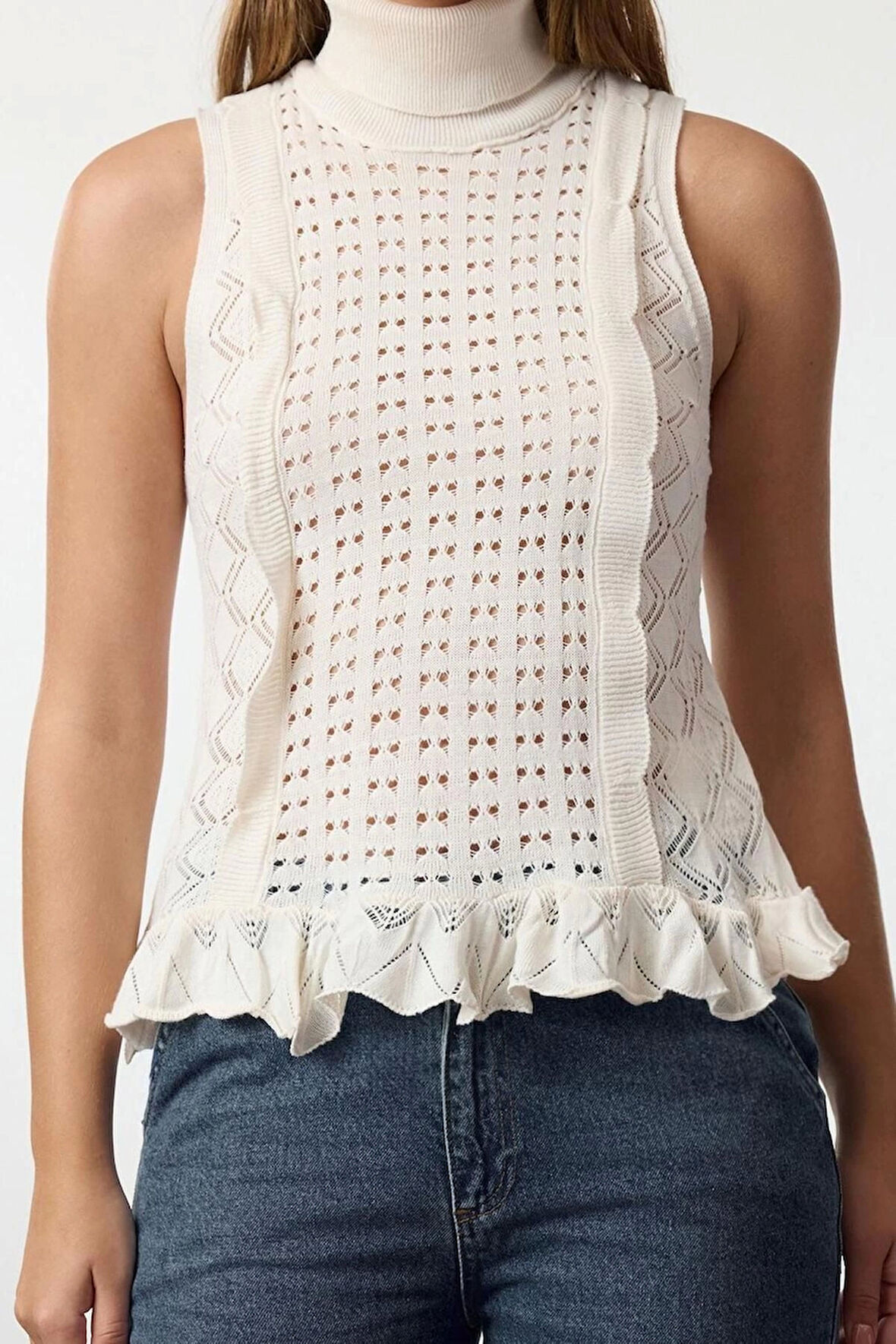 Kadın Moda Şık Balıkçı Yaka Standart Kol Regular Ajurlu Triko Süveter